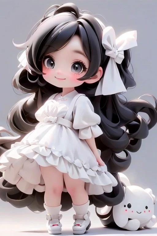 masterpiece, best quality, a cute chibi girl smiling, ((black)) hair, (((white pinafore dress))), (((short))) puffy sleeves, white hairbow, white socks, (((black))) mary jane pumps, school backpack, (((full body))),