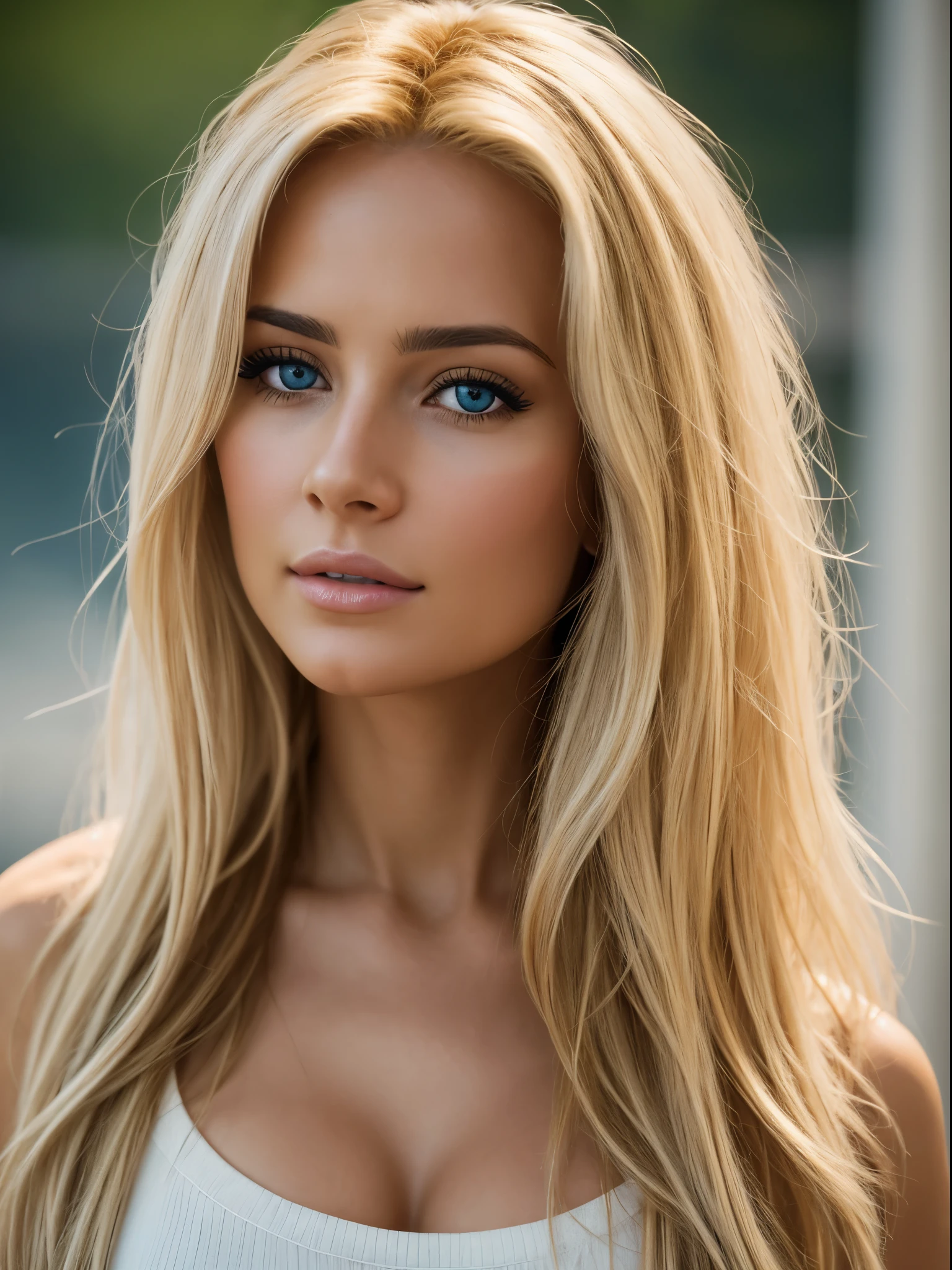 Photorealistic of a insanely beautiful woman with blonde windy messy hair, in the style of panasonic lumix s pro 50mm f/1.4, light beige and dark azure, celebrity images mashups, soft realism, barbiecore, unreal engine 5, 32k uhd, luminous quality, swiss realism, niji 5