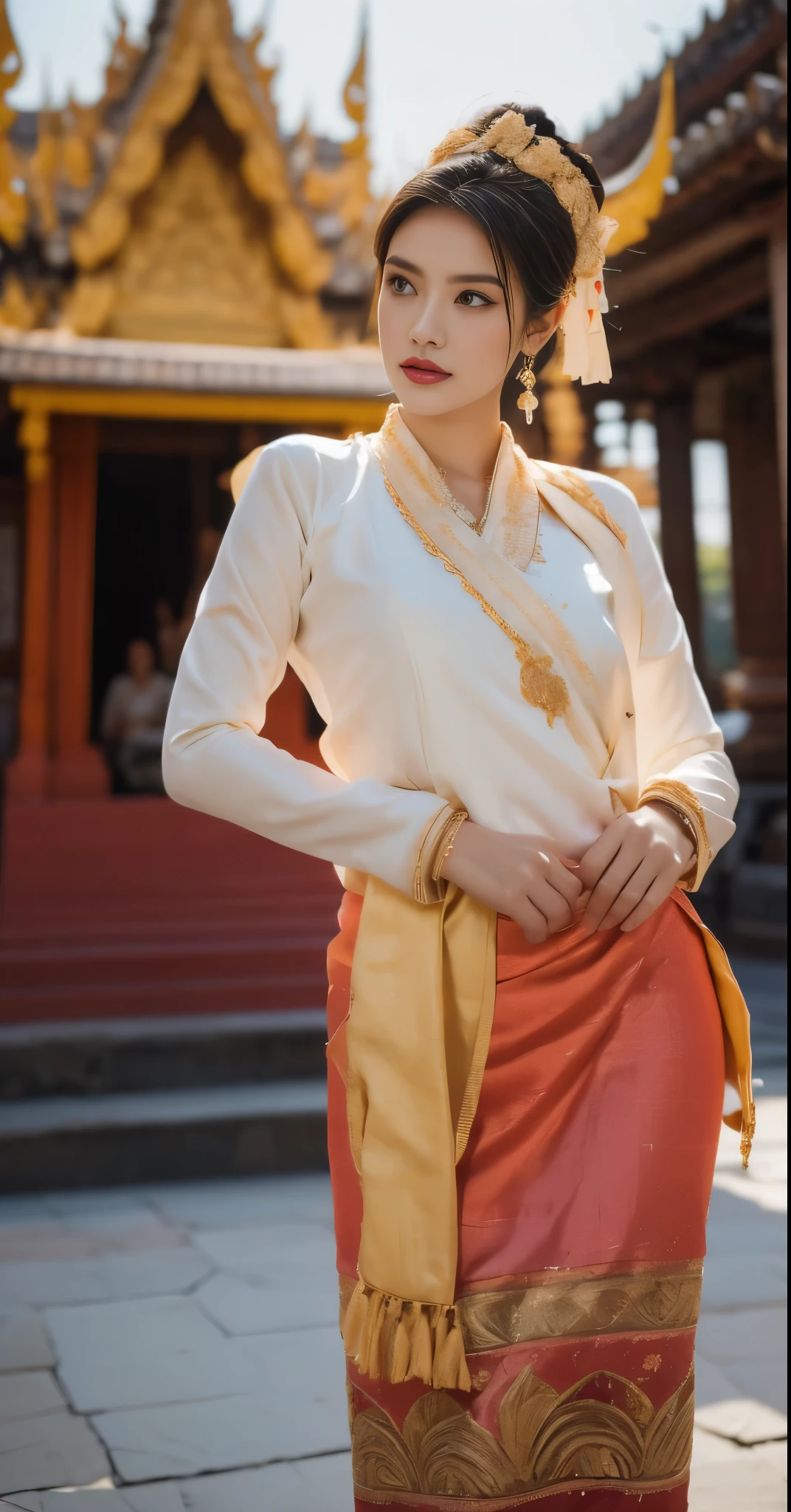 A portrait of a Tai Khun woman in traditional attire set against the backdrop of Bagan's ancient temples.

Key elements:

Full-body composition: Showcase the woman from head to toe, emphasizing the intricate details of her Lanna Thai costume.
Traditional elegance: Capture the timeless beauty and cultural significance of the Tai Khun attire, including:
Luxurious fabrics: Rich silks and brocades in vibrant hues, woven with intricate patterns and textures.
Elaborate ornamentation: Exquisitely crafted gold bangles, necklaces, and earrings adorned with precious stones and delicate filigree work.
Headwear: A traditional headdress or woven scarf complementing the overall ensemble.
Graceful pose: The woman stands or sits amidst the temple ruins, exuding confidence and elegance. Her posture and expression should convey a sense of cultural pride and connection to her heritage.
Bagan temples: Include the iconic temples as a majestic backdrop, showcasing their weathered beauty and historical significance. Consider using specific temple structures like Ananda Pahto or Thatbyinnyu Pahto for added context.
Lighting: Employ warm, natural sunlight to bathe the scene in a golden glow, creating a sense of timelessness and serenity.
Technical aspects:
4K resolution: Ensure exceptional detail and clarity to capture the intricate beauty of the costume and temple carvings.
Depth of field: Employ a shallow depth of field to draw focus to the woman and her attire, while blurring the background slightly for a cinematic effect.
Optional elements:

Subtle accessories: Include items like a woven fan or a traditional hand-held purse to add depth and cultural context.
Minimal background elements: Avoid including distracting elements like tourists or modern objects to maintain the focus on the woman and the temples.