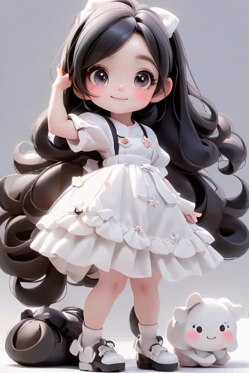 masterpiece, best quality, a cute chibi girl smiling, ((black)) hair, (((white pinafore dress))), (((short))) puffy sleeves, white hairbow, white socks, (((black))) mary jane pumps, school backpack, (((full body))),