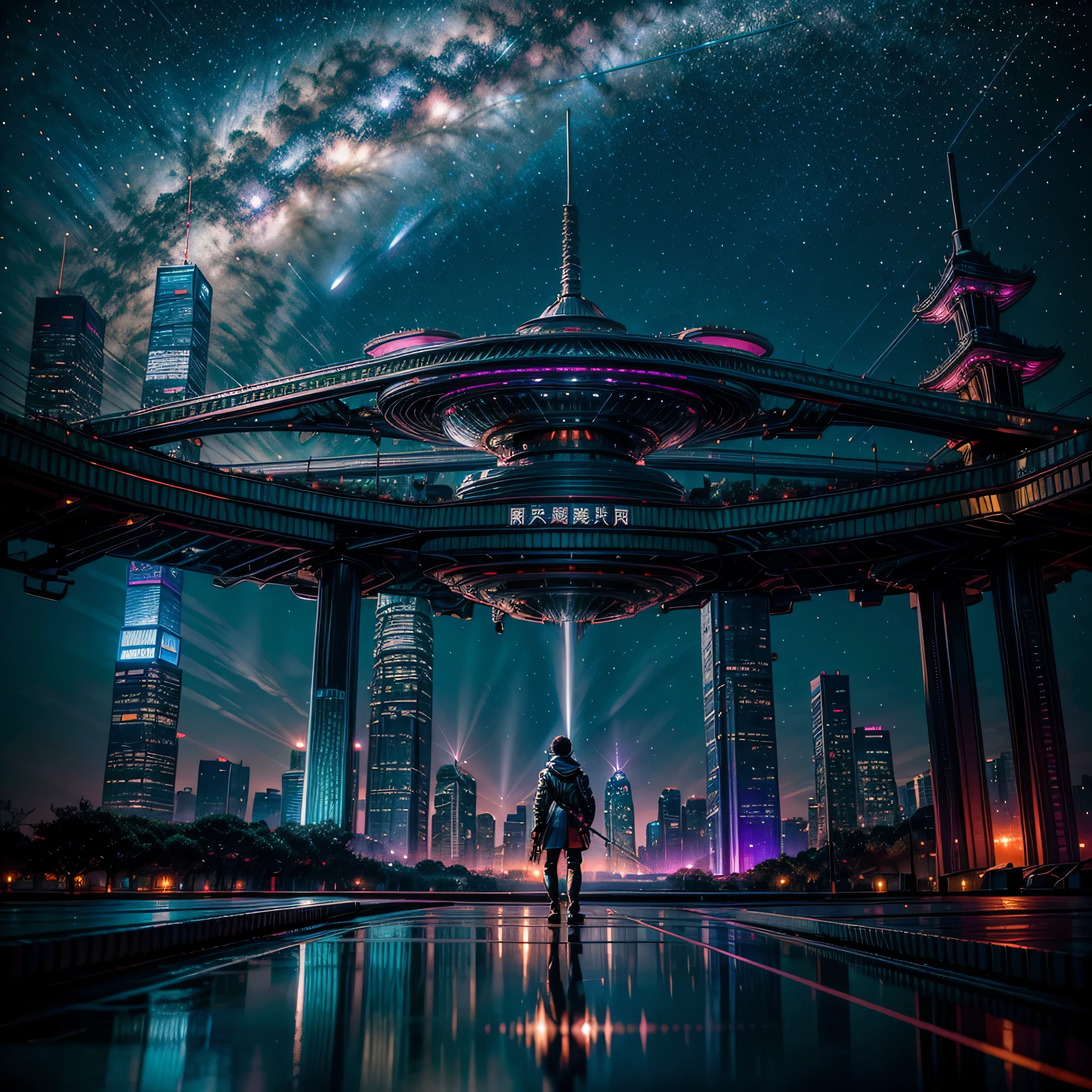 (nebulae hyper Nebula starry_sky Moonset epic moonrise spacious moonshine) In this futuristic image of a city at night,We were taken into a city full of technology and innovation。Tall skyscrapers glow with neon lights in the night sky,Forming a series of colorful lines。The facades of these buildings are covered with reflective materials,Reflects surrounding lights,Create a futuristic atmosphere。 On the streets of the city,Driverless cars and aircraft fly by,They leave colorful trails in the night sky。These vehicles are made of smooth metal and transparent materials,It gives a sense of technology and the future。People wear fashionable clothing,Wearing smart glasses and bracelet,Integrate with technology。 The center of the city a huge,There a huge water screen projection on,Displays a variety of gorgeous images and animations。People surround the water curtain projection,Admire the art works and technology displayorming a unique interactive experience。surrounded by a green belt,Planting plants of the future,These plants emit faint fluorescence,Adding a touch of vitality and natural flavor to the city。 In the distance of the picture,We can see a huge spaceport,The spaceship taking off,Carrying people to unknown areas of the universe。The spaceport’s architectural design unique,Full of curves and streamlined elements,It gives a sense of futuristic technology。 The whole picture full of a sense of technology and the future,Showing a future city full of innovation and imagination。This painting rich in detail,vibrant with colorull of imagination and creativity,It makes people feel like they are in a future world full of technological wonders, (Cyberpunk night❤heart view, ultra - detailed, intricately details, deep colour, realisticlying, tmasterpiece, cinmatic lighting, bokeh, Unreal Engine 5, rendering by octane, movie smoothing , reflection luminescence Crystalline glow hearth) blooms floraison invoke magic monarch varies multi etc. --s 1000 --c 20 --q 20 --chaos 100