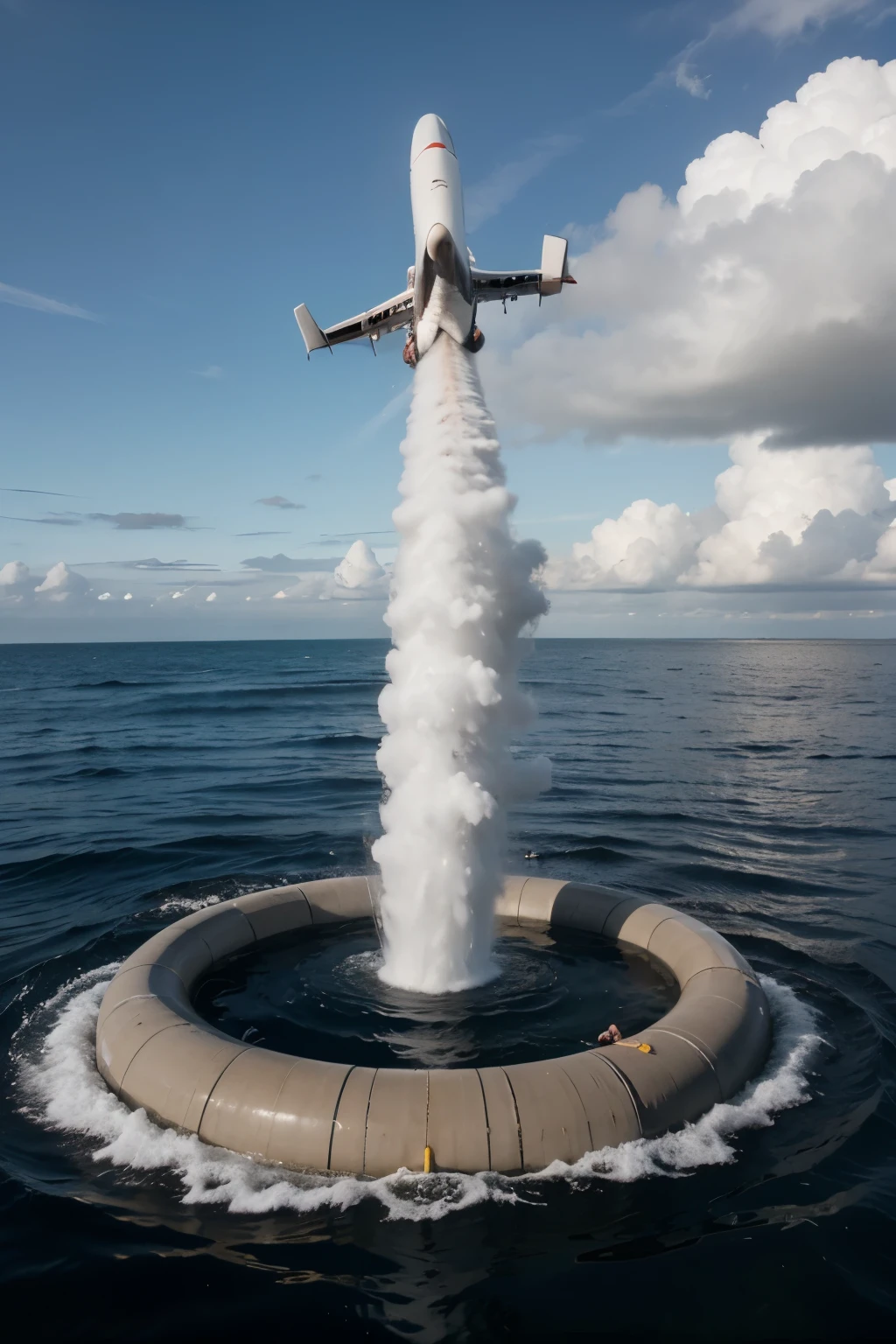 draw an airplane flying low over the sea, throwing up splashes of water.