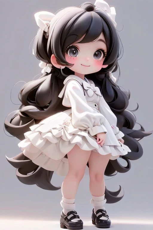 masterpiece, best quality, a cute chibi girl smiling, ((black)) hair, (((white pinafore dress))), (((short))) puffy sleeves, white hairbow, white socks, (((black))) mary jane pumps, school backpack, (((full body))),