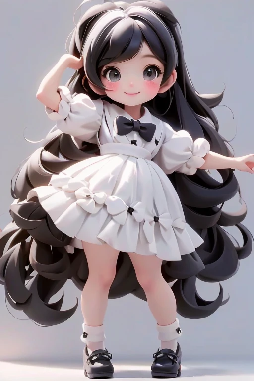 masterpiece, best quality, a cute chibi girl smiling, ((black)) hair, (((white pinafore dress))), (((short))) puffy sleeves, white hairbow, white socks, (((black))) mary jane pumps, school backpack, (((full body))),