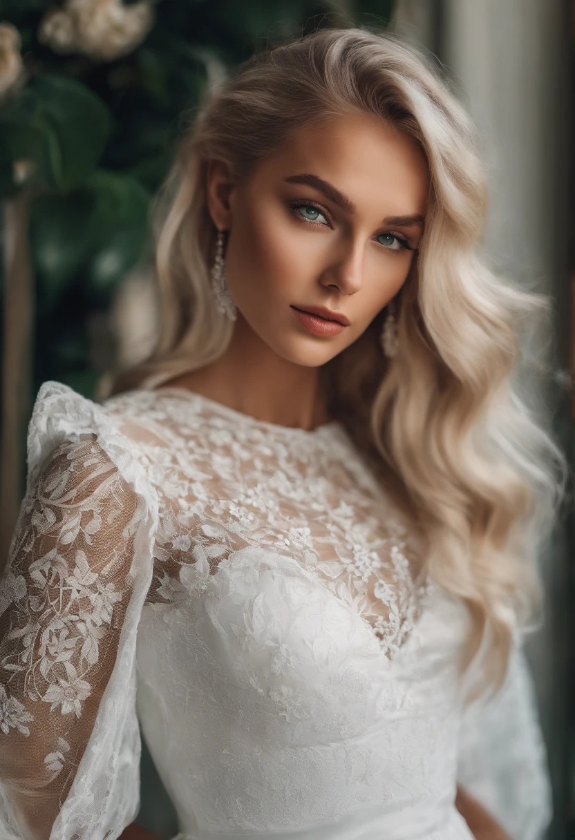 Realistic white Instagram influencer, best quality, blond, 1 girl, green eyes, in white, enger, kurzes Kleid