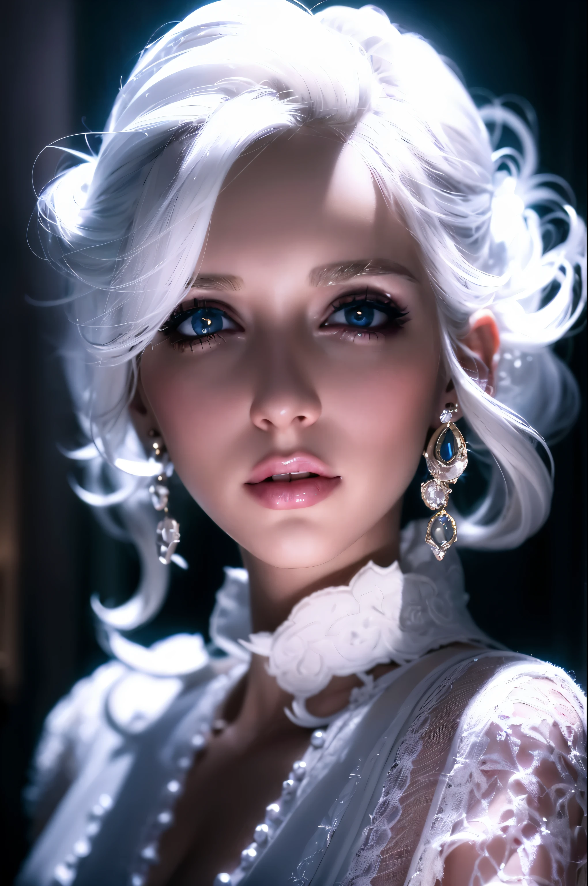 blond woman with white hair and earrings posing for a picture, girl with white hair, perfect white haired girl, glamour portrait, white haired lady, karol bak uhd, alluring mesmer woman, fantasy gorgeous lighting, gorgeous beautiful woman, elegant lady with alabaster skin, portrait of very beautiful elf, portrait color glamour, portrait shot, portrait shot 8 k