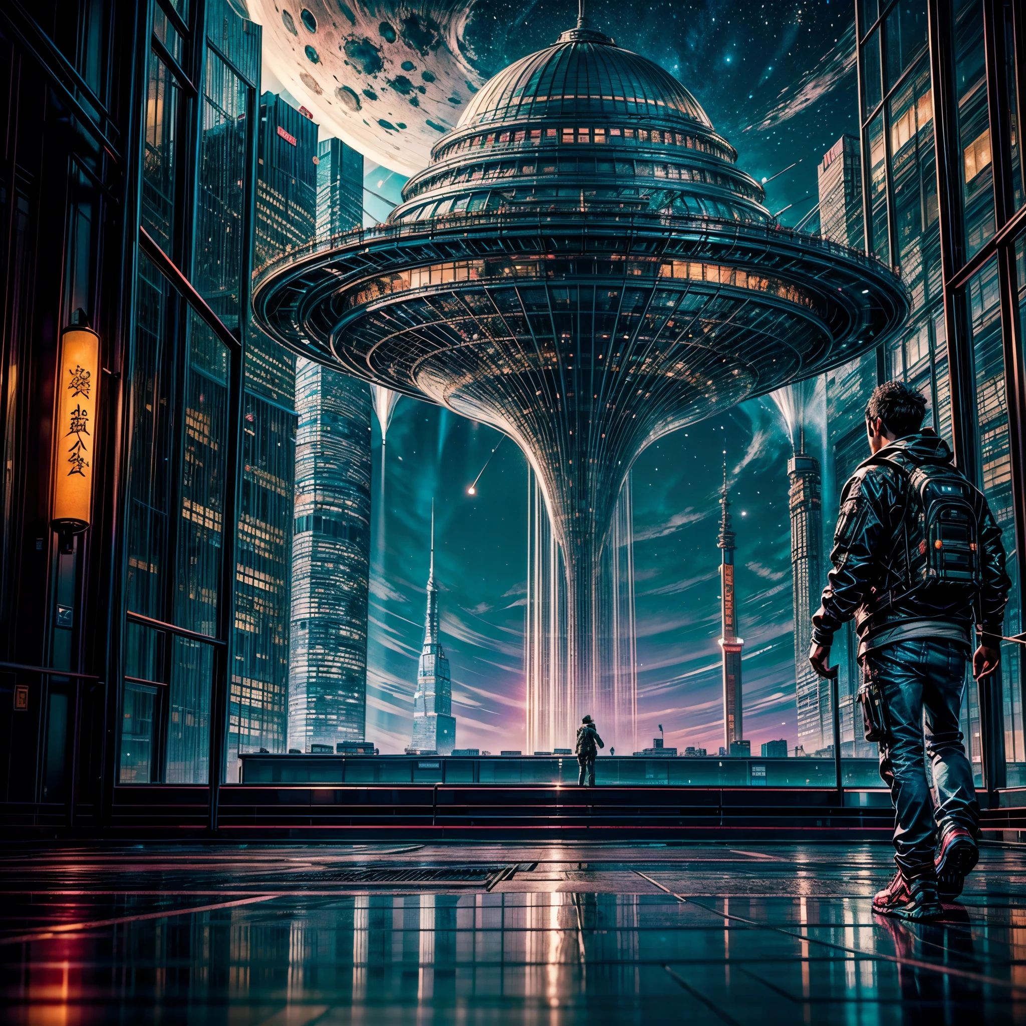 (nebulae hyper Nebula starry_sky Moonset epic moonrise spacious moonshine) In this futuristic image of a city at night，We were taken into a city full of technology and innovation。Tall skyscrapers glow with neon lights in the night sky，Forming a series of colorful lines。The facades of these buildings are covered with reflective materials，Reflects surrounding lights，Create a futuristic atmosphere。 On the streets of the city，Driverless cars and aircraft fly by，They leave colorful trails in the night sky。These vehicles are made of smooth metal and transparent materials，It gives a sense of technology and the future。People wear fashionable clothing，Wearing smart glasses and bracelet，Integrate with technology。 The center of the city a huge，There a huge water screen projection on，Displays a variety of gorgeous images and animations。People surround the water curtain projection，Admire the art works and technology displayorming a unique interactive experience。surrounded by a green belt，Planting plants of the future，These plants emit faint fluorescence，Adding a touch of vitality and natural flavor to the city。 In the distance of the picture，We can see a huge spaceport，The spaceship taking off，Carrying people to unknown areas of the universe。The spaceport’s architectural design unique，Full of curves and streamlined elements，It gives a sense of futuristic technology。 The whole picture full of a sense of technology and the future，Showing a future city full of innovation and imagination。This painting rich in detail，vibrant with colorull of imagination and creativity，It makes people feel like they are in a future world full of technological wonders， (Cyberpunk night❤heart view， ultra - detailed， intricately details， deep colour， realisticlying， tmasterpiece， cinmatic lighting， bokeh， Unreal Engine 5， rendering by octane， movie smoothing , reflection luminescence Crystalline glow hearth) blooms floraison invoke magic monarch varies multi etc. --s 1000 --c 20 --q 20 --chaos 100