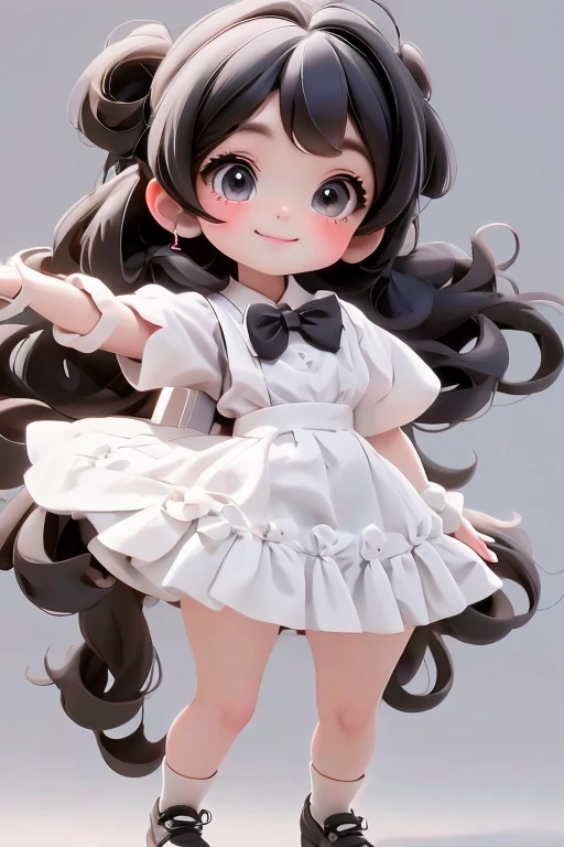 masterpiece, best quality, a cute chibi girl smiling, ((black)) hair, (((white pinafore dress))), (((short))) puffy sleeves, white hairbow, white socks, (((black))) mary jane pumps, school backpack, (((full body))),