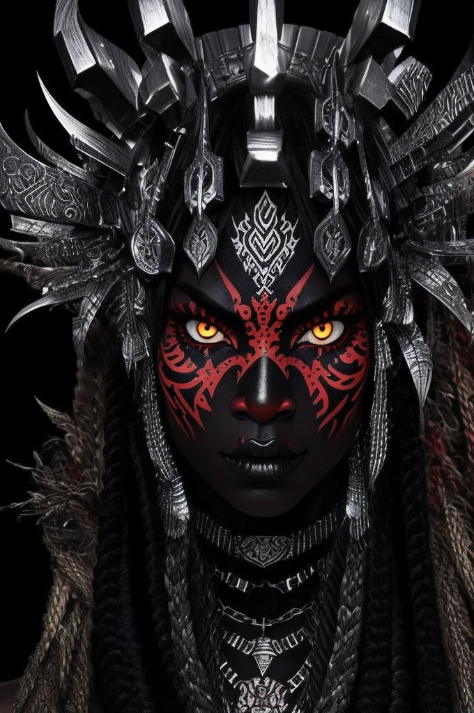 demon tribal warrior, glowing eyes, black ink, tattoo, hyperrealism, hyper details ,ink