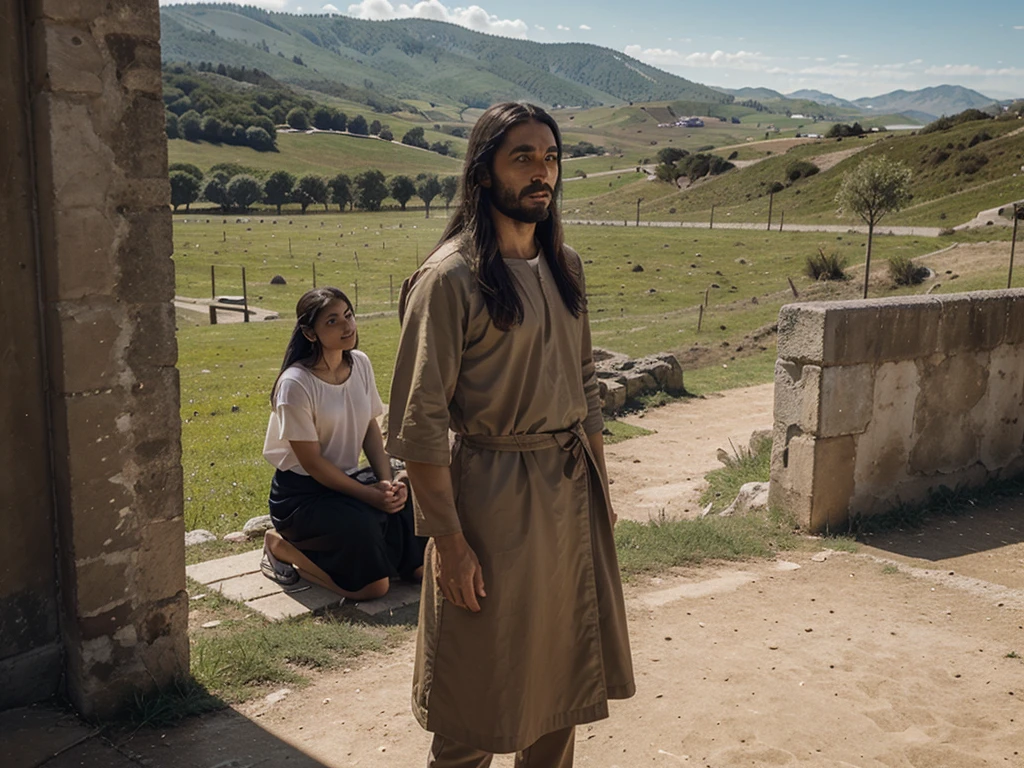 Jesus talking to people outdoors with landscape in the background