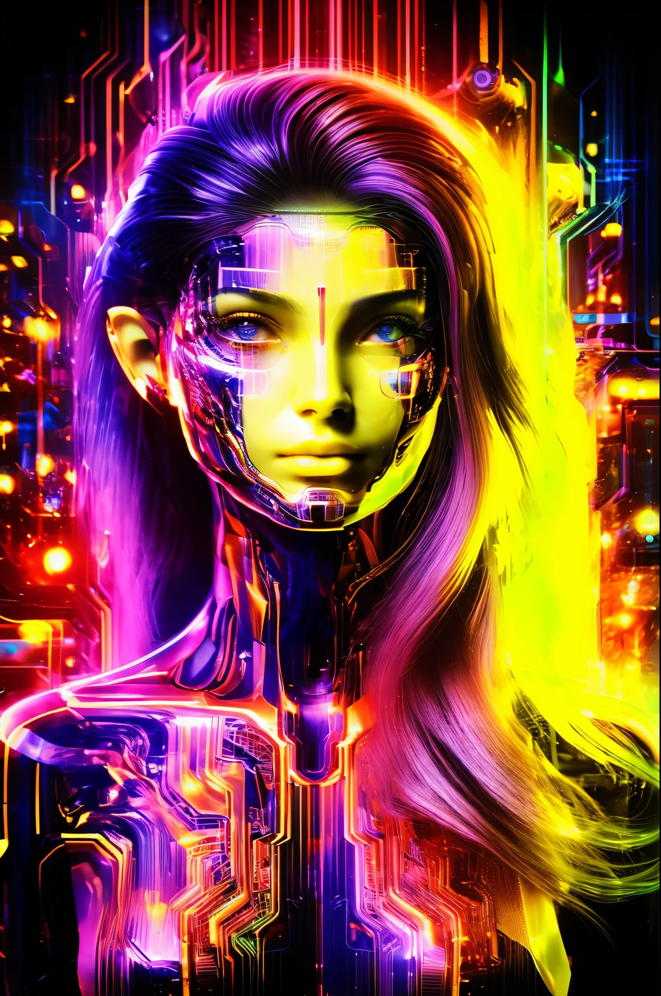 a woman with a neon face and long hair, glowwave girl portrait, neon digital art, airbrush digital art, futuristic digital art, colorful digital art, cyborg girl, vibrant digital art, cybernetic glowing, cyborg - girl, the cyberpunk girl portrait, beautiful android woman, cyberpunk vibrant colors, psychedelic organic cyborg, aetherpunk airbrush digital art