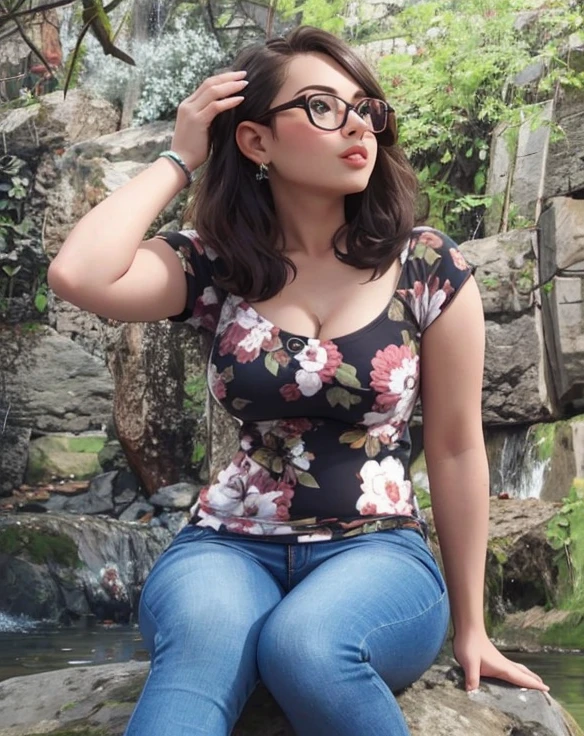 (Best quality, masterpiece), a cute girl with huge tits, slim, small waist, and full lips. Wearing glasses.