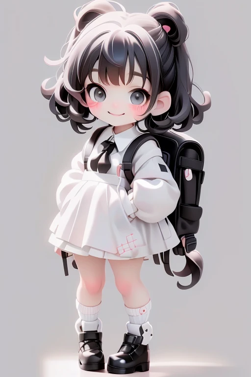 masterpiece, best quality, a cute chibi girl smiling, ((black)) hair, (((white pinafore dress))), (((short))) puffy sleeves, white hairbow, white socks, (((black))) mary jane pumps, school backpack, (((full body))),