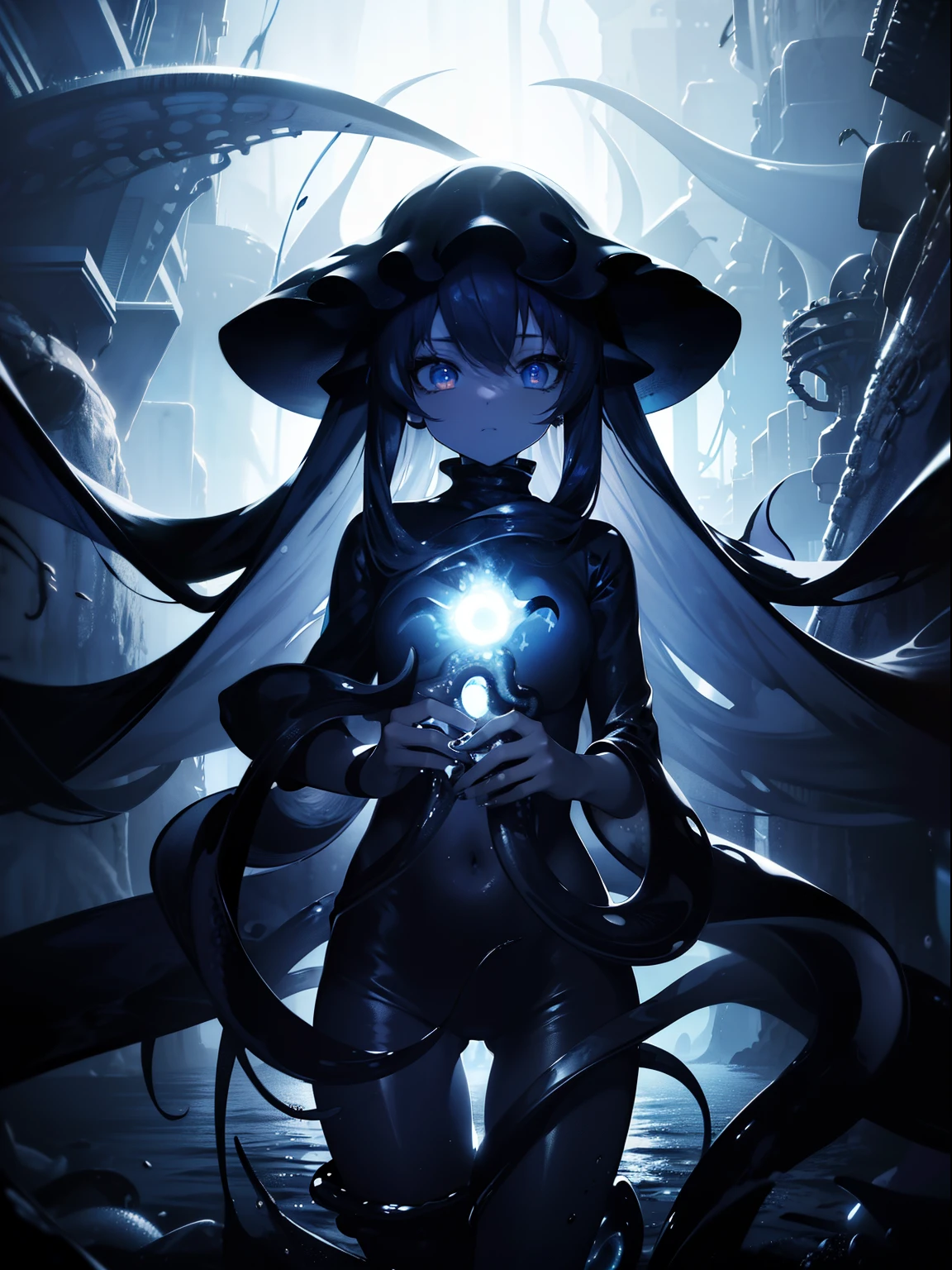 (masterpiece, Best quality, ultra high resolution),1 girl,black clothing, amber eyes, Bright eyes,Surrounded by tentacles, (squid girl), Beautiful and detailed face , Detailed eyes ,(In the depths of the ocean,bottomless depths),