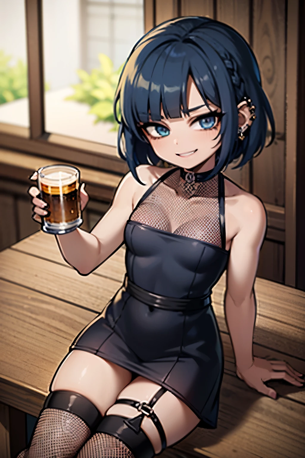 young girl, blue hair, 18 years old, small breasts, small biotype, bob hair, tattoed arms, black tattos, piercings in face, , black dress, black letter dress, short dress, punk dress, wearing fishnet stockings, black boots, smiling, looking at viewer, holding beer cup, 4k, masterpiece
