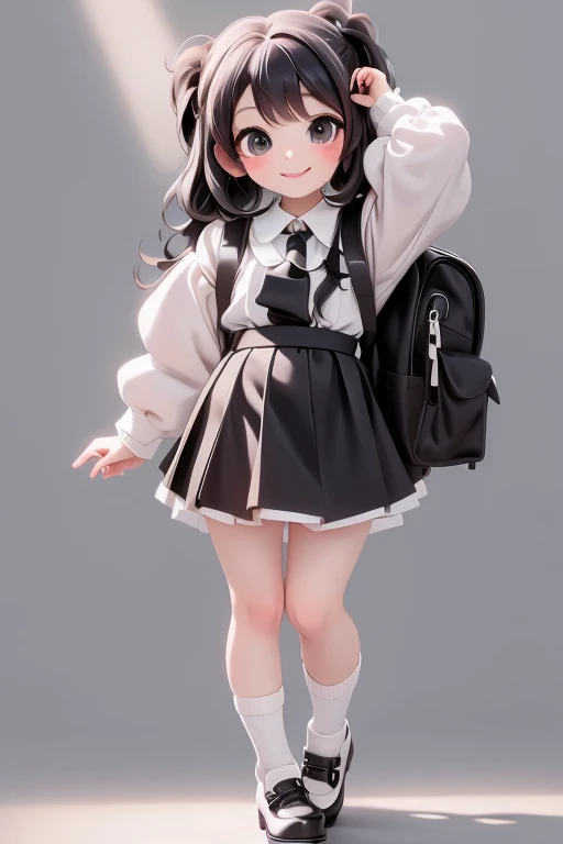 masterpiece, best quality, a cute chibi girl smiling, ((black)) hair, (((white pinafore dress))), (((short))) puffy sleeves, white hairbow, white socks, (((black))) mary jane pumps, school backpack, (((full body))),