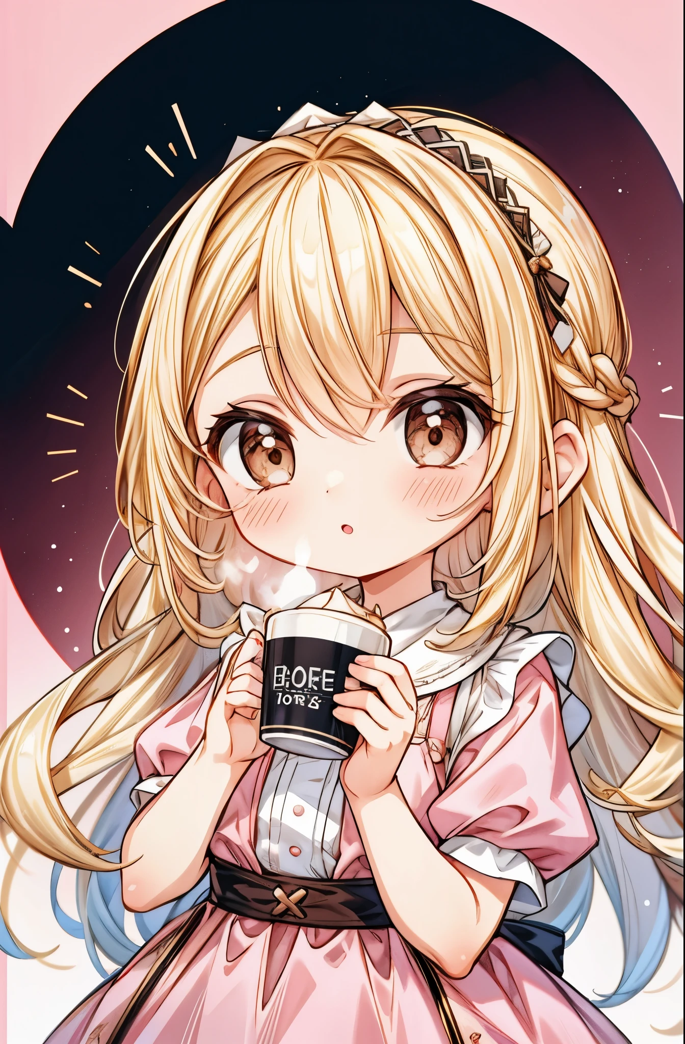 Cute Girl, Blonde with brown eyes, in a korchnev dress, Against the background of Kaveh, Café in pink tones, Pink background