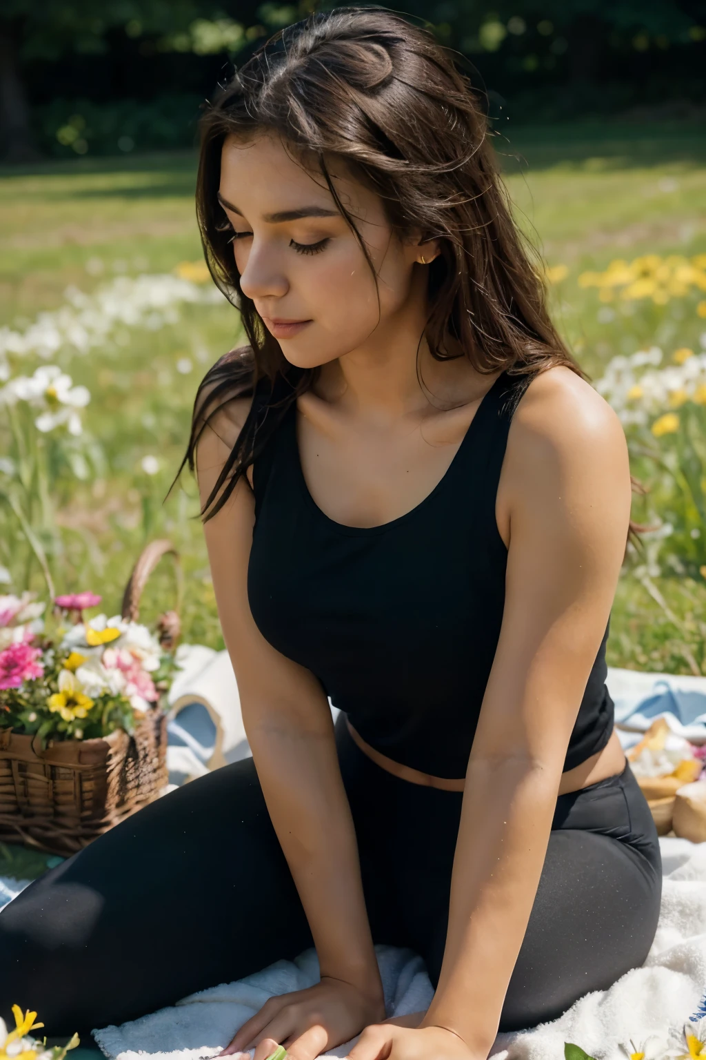 "Enchanting serenity: A detailed portrait of a brunette girl, athletic build, adorned in black leggings, sporty sneakers, and a casual tank top, gracefully seated on a soft towel amidst a lush field of multicolored flowers. She is enjoying a quaint picnic while absorbed in her smartphone. Captured using a Nikon D850, from a low angle to emphasize her engagement with the device, utilizing a 85mm lens at f/1.4 for a shallow depth of field, highlighting her against the vibrant backdrop. The lighting is soft and natural, reminiscent of late afternoon sun, creating a warm, inviting glow. Integrate the classic charm of Ilford film stock. --ar 16:9 --v 5.1 --style raw --s 750"