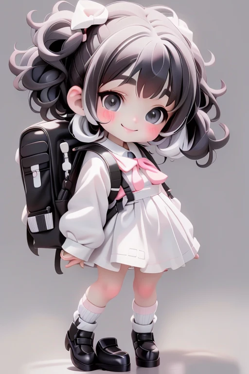 masterpiece, best quality, a cute chibi **** schoolgirl smiling, black hair, white clothing, (((short))) puffy sleeves, white hairbow, white socks, (((black))) pumps, school backpack, (((full body))),