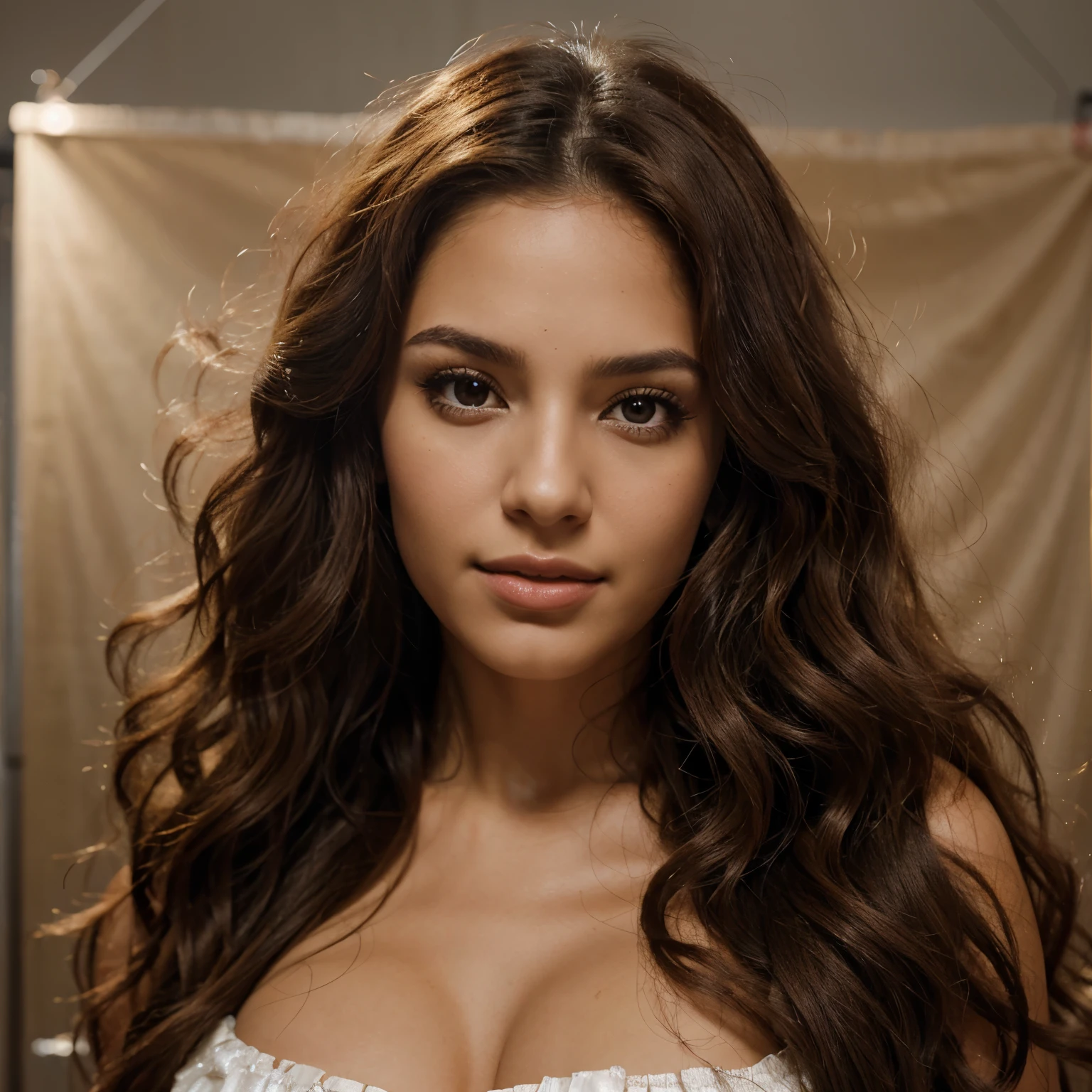 create the image of a latin woman, portrait beauty close up 50mm, she is in a photo studio background, the photo is of beauty, she is showing off her beautiful and long curly hair that is flying, hyper realistic, portrait beauty, studio light , photo for cosmetics banner