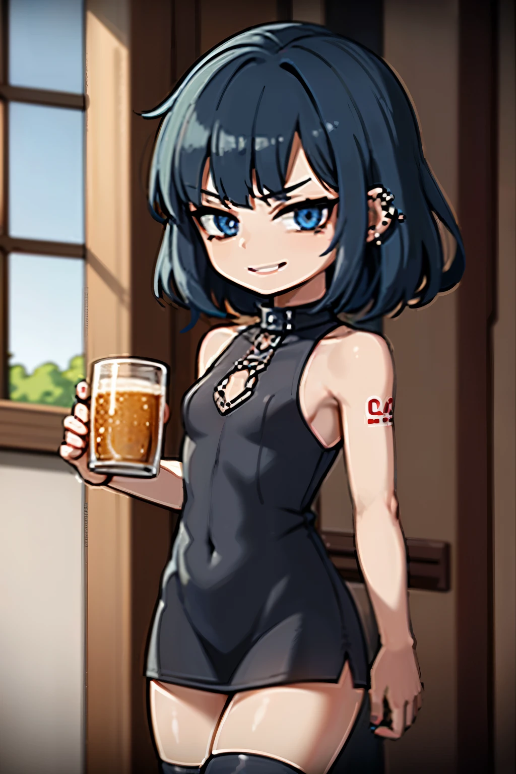 young girl, blue hair, 18 years old, small breasts, small biotype, bob hair, tattoed arms, black tattos, piercings in face, , black dress, black letter dress, short dress, punk dress, wearing fishnet stockings, black boots, smiling, looking at viewer, holding beer cup, 4k, masterpiece
