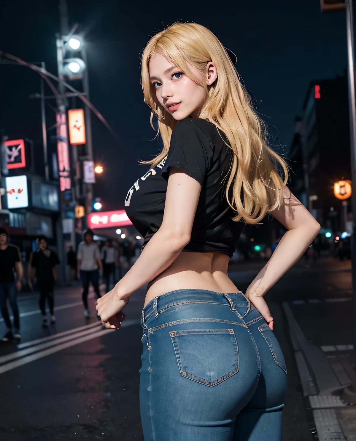 1 chica, (ojos azules), (Sonrisa), (Sana Minatozaki), (Caderas anchas), tetas grandes, (gran culo), (Mejor calidad, 8k, obra maestra: 1.3), manos perfectas, Enfoque claro: 1.2, Belleza del cuerpo perfecto: 1.4, Abdominales delgados: 1.2, Textura de cara y piel muy detallada., ojos detallados, double eyelids, (pelo largo rubio), negro (Camiseta de heavy metal), (vaqueros), de pie, dynamic pose, en las calles de tokio por la noche, estadio nocturno al fondo
