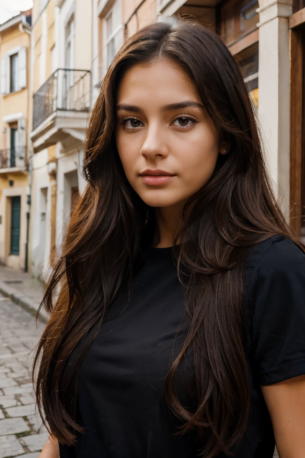 25 year old girl, europian style mixed with a bit of hispanic, beautiful, ultrarealistic, long hair, brown hair, high quality, expresive eyes