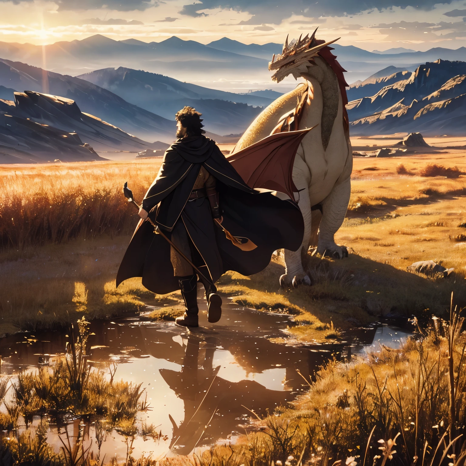 masterpiece, top quality, 16K UHD,
Erzmagier, halb-Elfen, Reittier, (dragon),
plains, nature, sunrise, morning, magical aura, solo, short beard, staff, cloak, detailed textures, light reflections, realistic shadows.