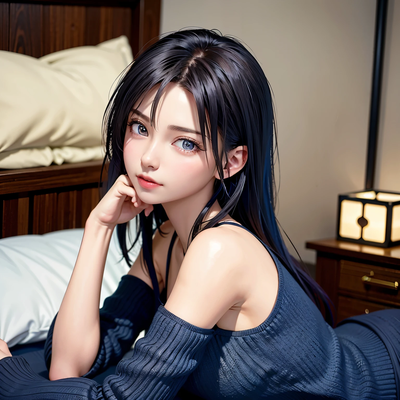 Realistic woman with black hair and small breasts, blue eyes lying on a bed