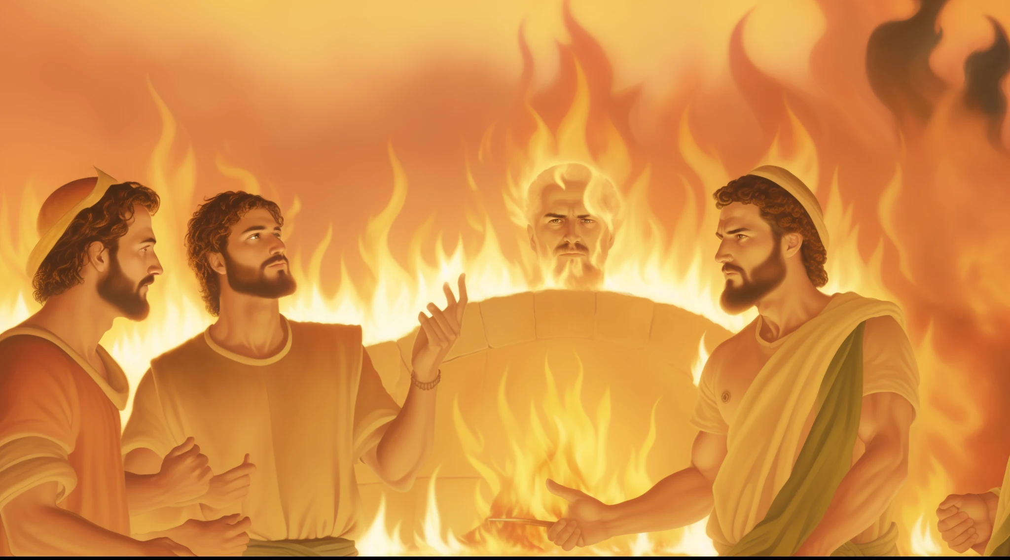 painting of three men standing in front of a fire with a man in the middle, bible illustration, fire and brimstone, all face covered with a fire, the background is on fire, epic biblical depiction, fire behind him, arson, hellfire background, the born fire, by Juan O'Gorman, biblical art style, burning in hell