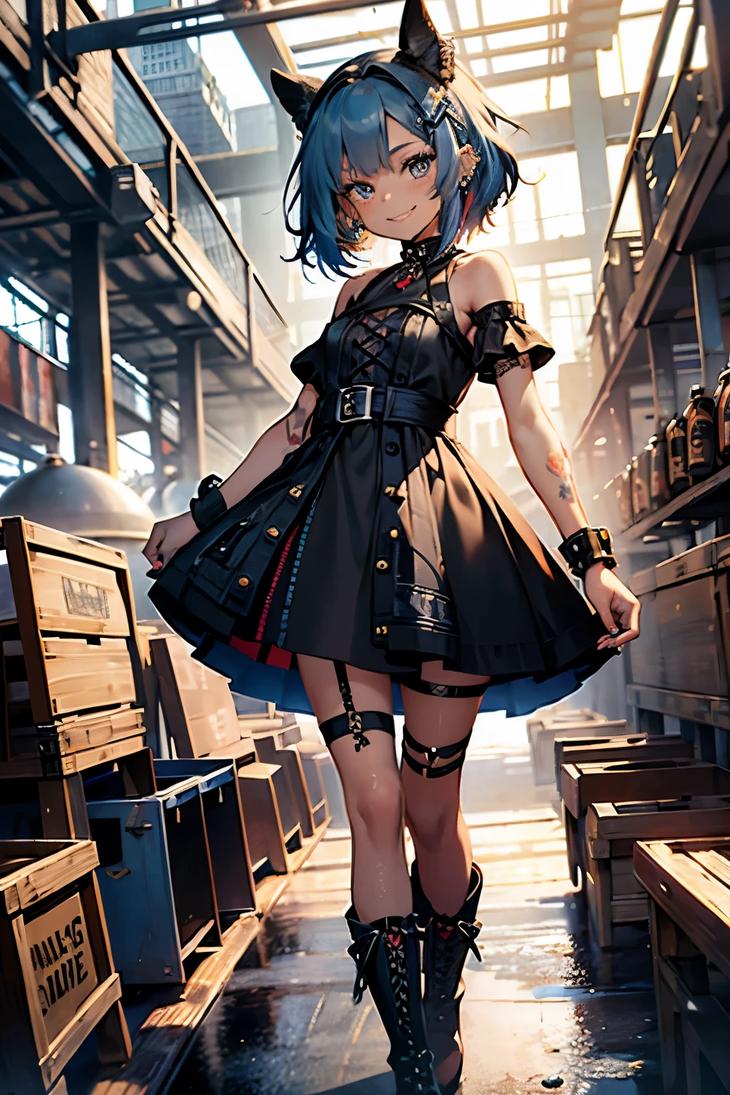 young girl, blue hair, 18 years old, small breasts, small biotype, bob hair, tattoed arms, black tattos, piercings in face, , black dress, black letter dress, short dress, punk dress, wearing fishnet stockings, black boots, smiling, looking at viewer, holding beer cup, 4k, masterpiece
