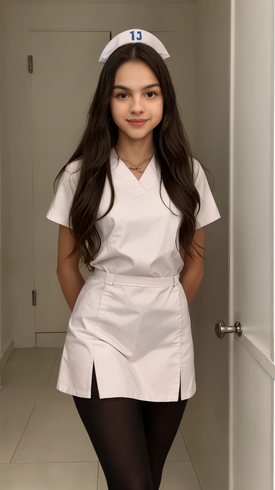 Olivia Rodrigo, 13 years old, long hair: 1.3, nurse uniform, tights, light skin, photorealistic