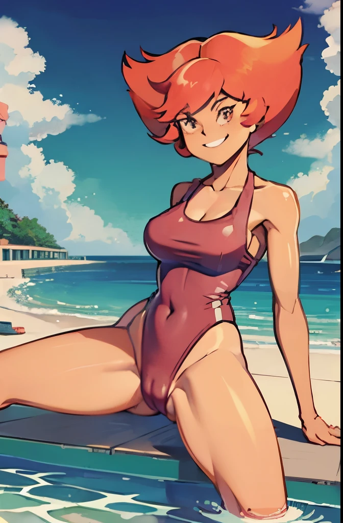 Sexy, Big beach, cute smile, marked pussy, red hair) ((swimming suit))