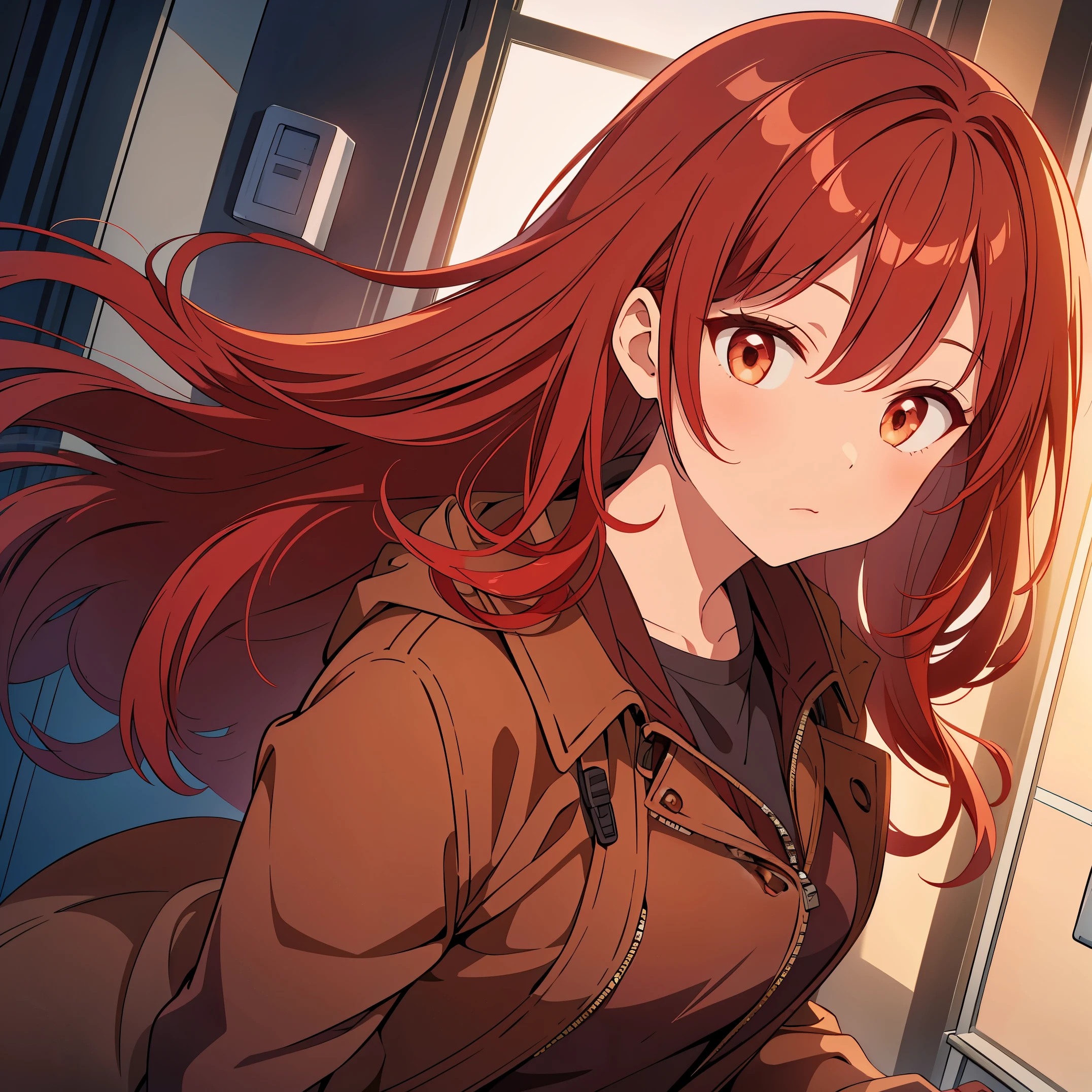one girl, red hair, brown eyes, brown coat