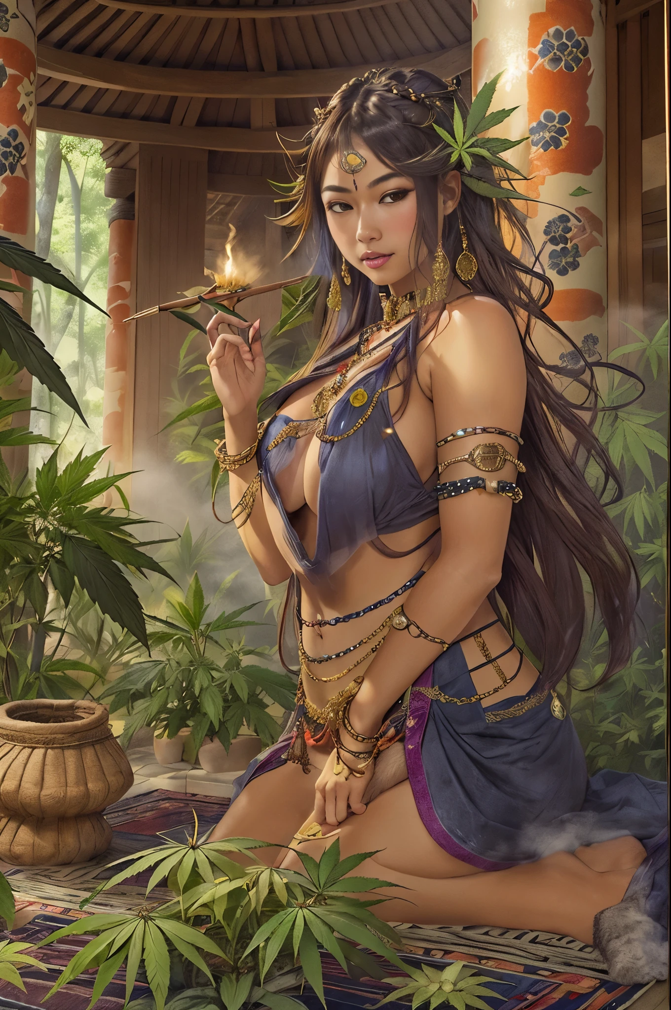 ((best quality)), ((masterpiece)), (perfect face), (detailed), outdoor Shinto cannabis sativa forest temple, detailed realistic face, (plump nerdy aroused dark-skinned Okinawan girl with long braided hair, small breasts, full lips, glowing amulet necklace, golden jeweled armlets and anklets, leg spread pose on rug), pubic hair, hairy vulva, incense burning smoking, cannabis indica and banzai bamboo plants in scene