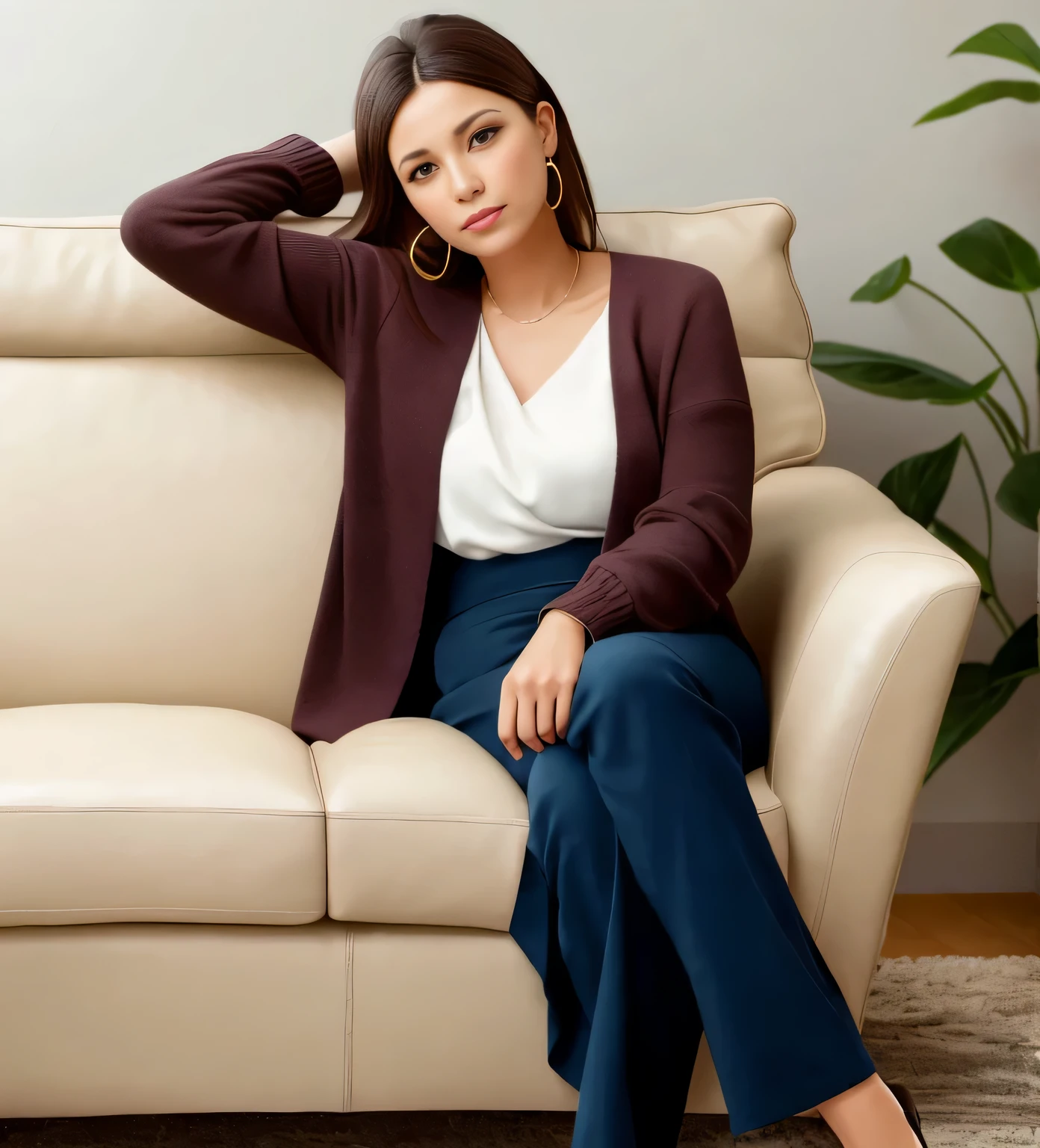 there is a woman sitting on a sofa with her hand on her head, on a sofa, imagem interna, sitting not sofa, ligeiramente desfocado, sitting not sofa, pose satisfeita, sitting not sofa, sentado em uma sala, slightly blurry, cabelos castanhos, vestindo um marrom, sitting on a sofa, retrato vestido sem nudez, relaxing on the sofa