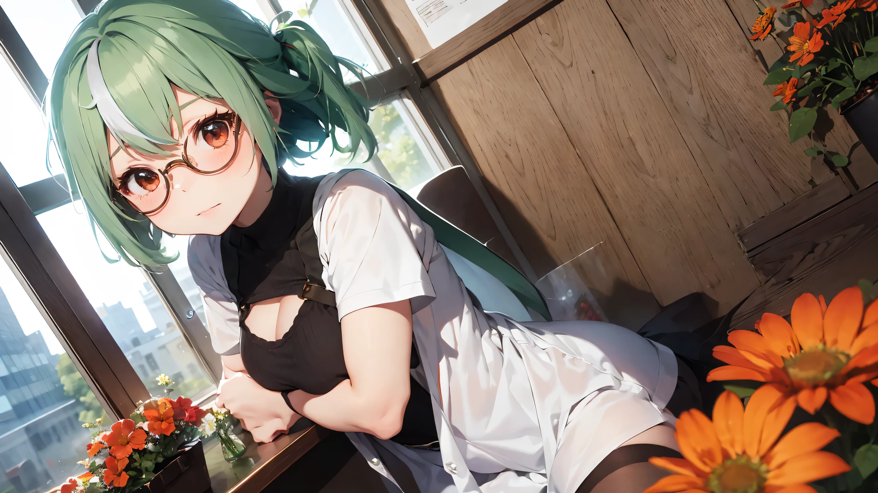 sucrose, cute girl, glasses, green hair, monstad city, flowers, red flowers, dramatic, laboratory, green vials, epruvetes, cute pose, nice lightning, cute face,