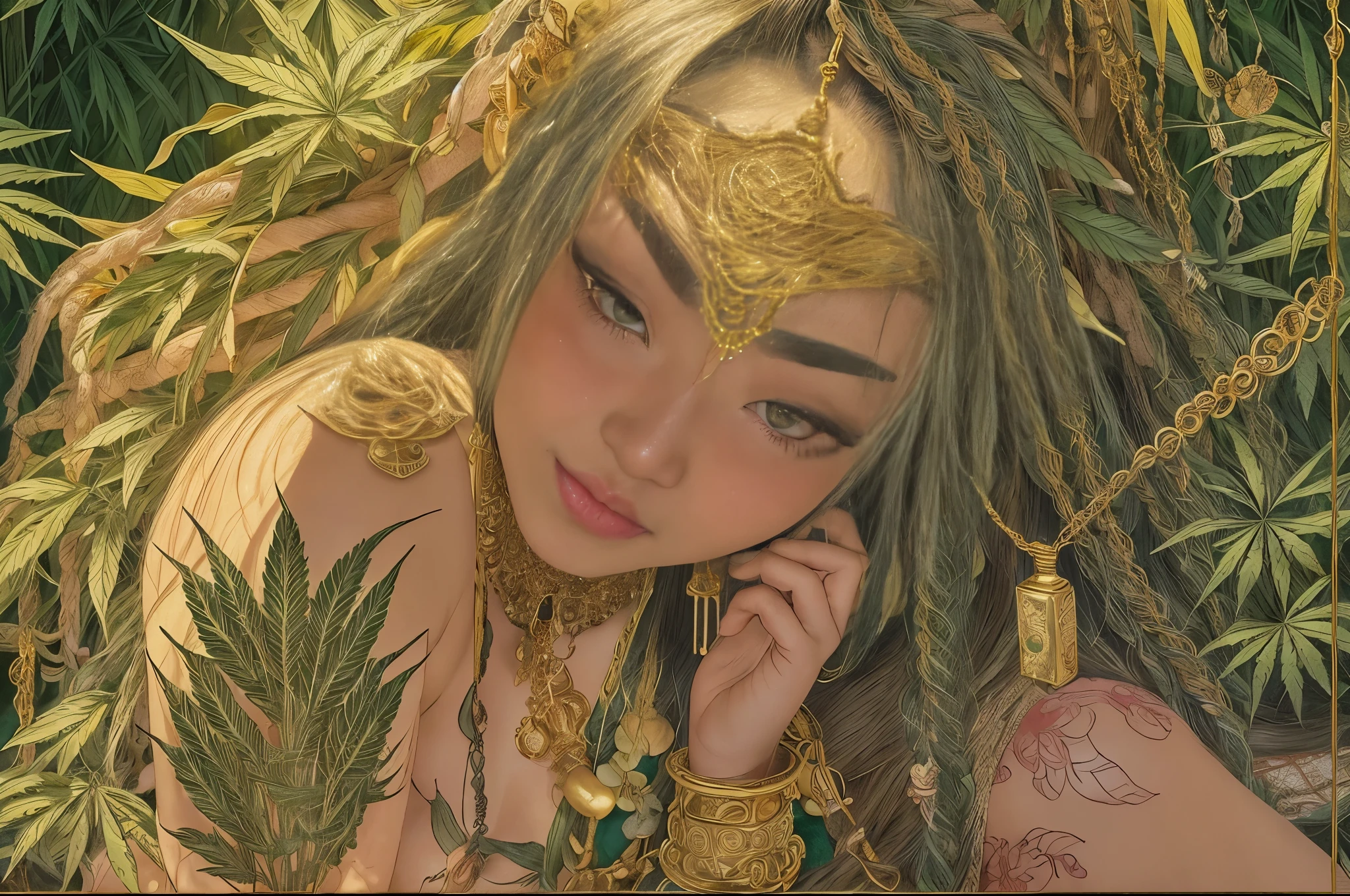 ((best quality)), ((masterpiece)), (perfect face), (detailed), outdoor Shinto cannabis sativa forest temple, detailed realistic face, (plump nerdy shy dark-skinned Okinawan girl with long braided hair with gold blonde highlights, small breasts, full lips, glowing amulet necklace, golden jeweled armlets and anklets, leg spread pose on rug), sweaty, pubic hair, hairy vulva, full sleeve tattoos on arms, incense burning smoking, cannabis indica and banzai bamboo plants in scene