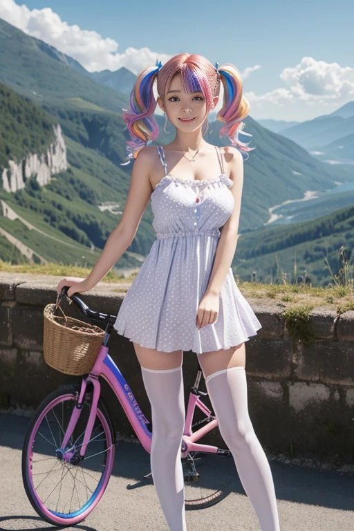 Cute redhead, gravure Idol, with rainbow colored hair tips, ribbons in her hair, 18-year-old woman, happy, in twin tails, perfect symmetrical eyes, clear sparkling blue eyes, pale skin, silky smooth skin, French countryside, mountain backdrop, wearing a futuristic party dress, pleated (chemise) mini dress (pastel rainbow colors, and polka dots), wearing full body pantyhose, cute short cut booties. Riding a bike