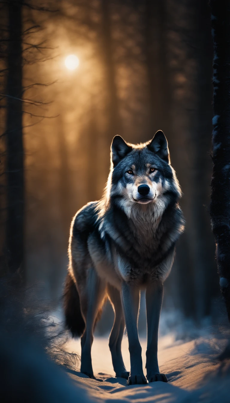 Vorne ein Wolf, several wolves behind him, Dark atmosphere, regnerische Nacht
