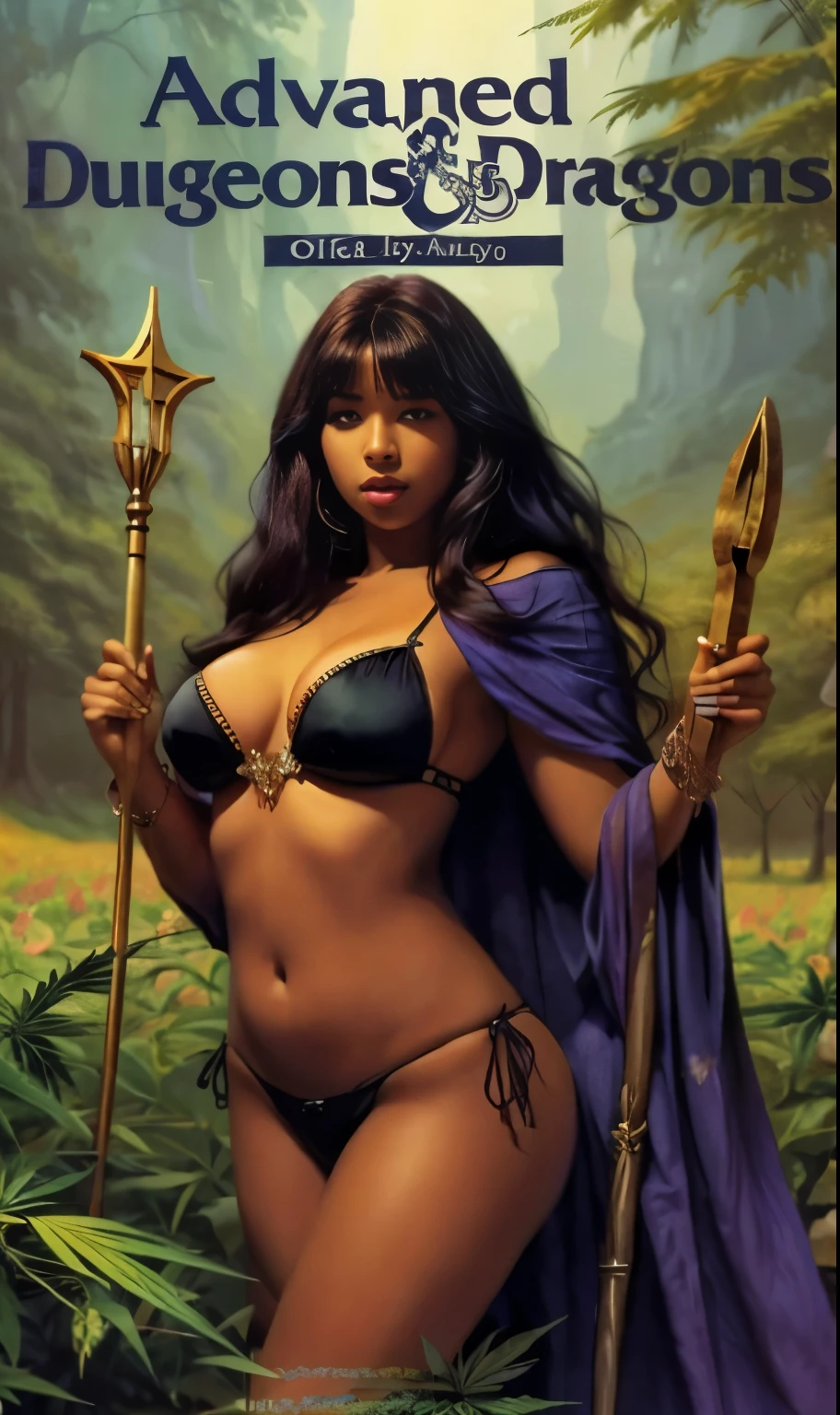 advdnd2023, book cover, novel illustration, intricate art, advanced dungeons and dragons, 1girl, plump dark-skinned female sorceress with long violet hair, sexy, scantily clad, staff in hand, painting, open cannabis indica field,