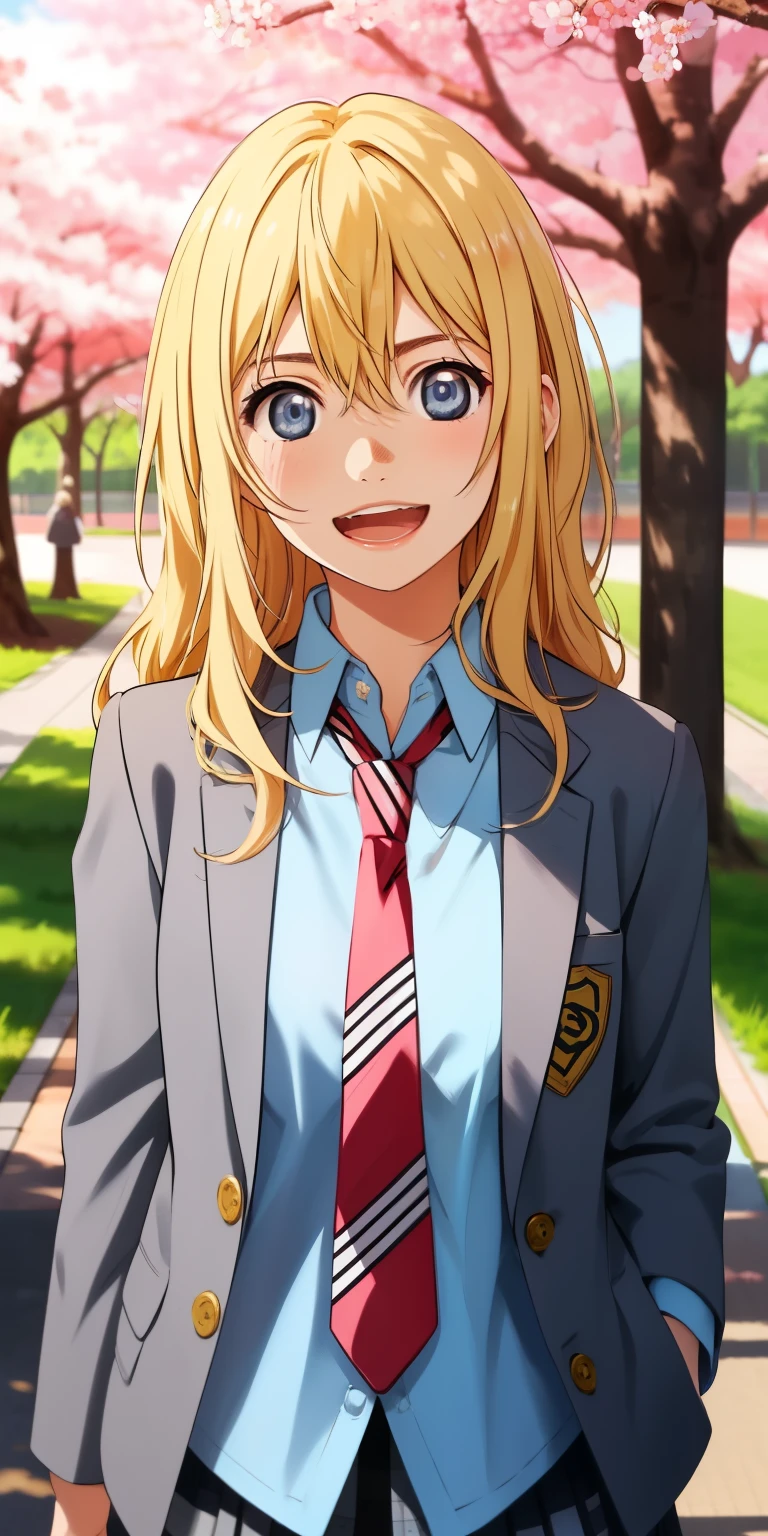 (((ｖ、peace sign))),masterpiece、highest quality、High resolution、super fine、leader,blue eyes,blonde hair,long hair,school uniform,blazer,Jacket,grey Jacket,open Jacket,stripe tie,(red tie:1.2),collared shirt,blue shirt,long sleeve,plaid skirt,gray skirt,black socks,loafers,CCWORI、blue eyes、blonde、long hair、hair between eyes、bangs、Riman、hair flower、(Fantastic row of cherry blossom trees、Standing under a cherry tree、open your mouth and laugh、cowboy shot)
