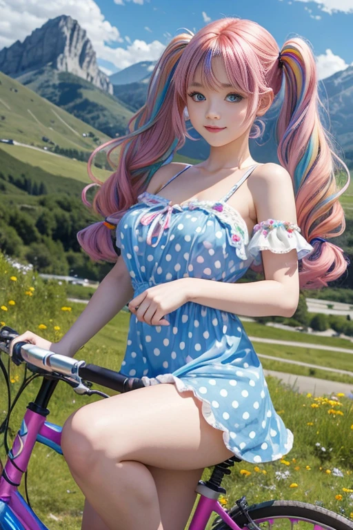 Cute redhead, gravure Idol, with rainbow colored hair tips, ribbons in her hair, 18-year-old woman, happy, in twin tails, perfect symmetrical eyes, clear sparkling blue eyes, pale skin, silky smooth skin, French countryside, mountain backdrop, wearing a futuristi mini dress (pastel rainbow colors, and polka dots), cute short cut booties. Riding a bike