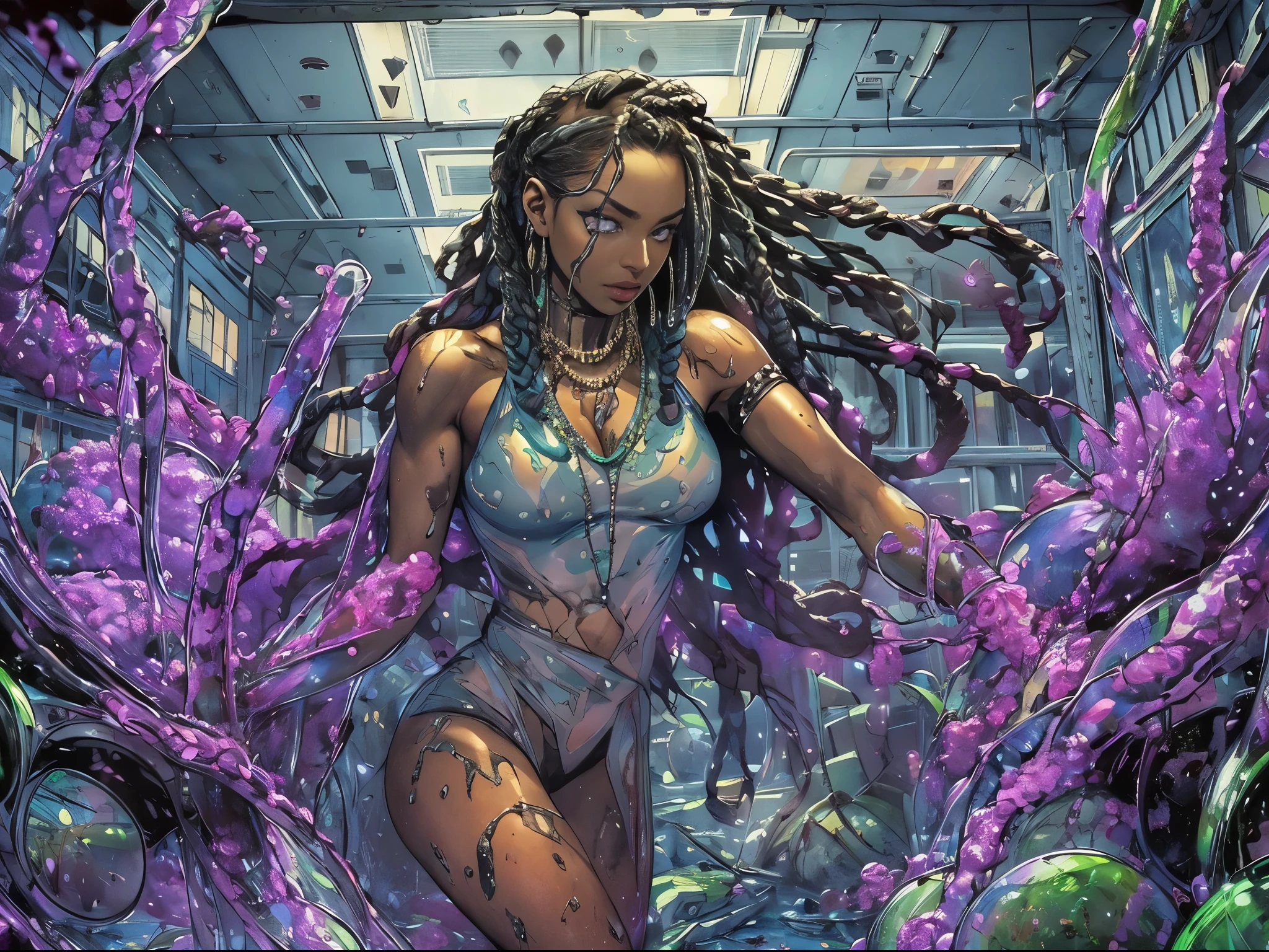 ((best quality)), ((masterpiece)), (perfect face), (detailed), damaged destroyed radioactive laboratory, broken glass on floor, (large cylindrical containment glass broken open centered in foreground), detailed realistic face, (tall muscular nerdy dark-skinned Haitian scientist woman with long braided hair, small breasts, full lips, round nose, glowing amulet necklace, golden jeweled armlets, standing hurt, violet iridescent slimy alien symbiote taking over body, concern, left side of frame), small slime symbiote sliding around floor, fumes and smoke along ceiling, (large Cannabis indica plant in sci-fi glass container fumes escaping), in style of Marvel comics
