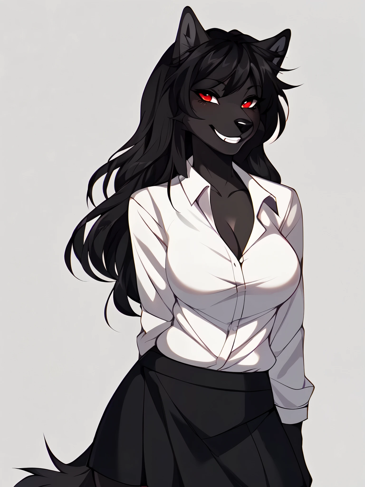 Solo:1.4, Natasha, dark grey wolf, black hair, red eyes, cute snout, black nose, medium breasts, grinning, happy, wearing white shirt, black trendy blazer, black skirt, trendy style clothes, standing, posing professionally, by fumiko, by hyattlen, white background, no background