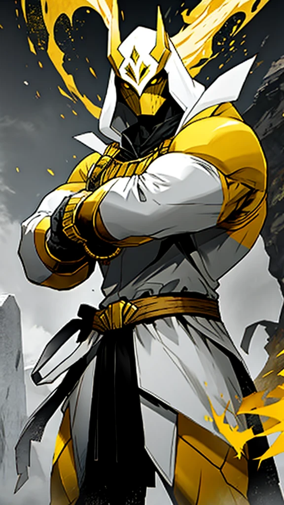 Creature in white mask with yellow eyes and stone skin with yellow roots and large arms and combat pose with closed fists
