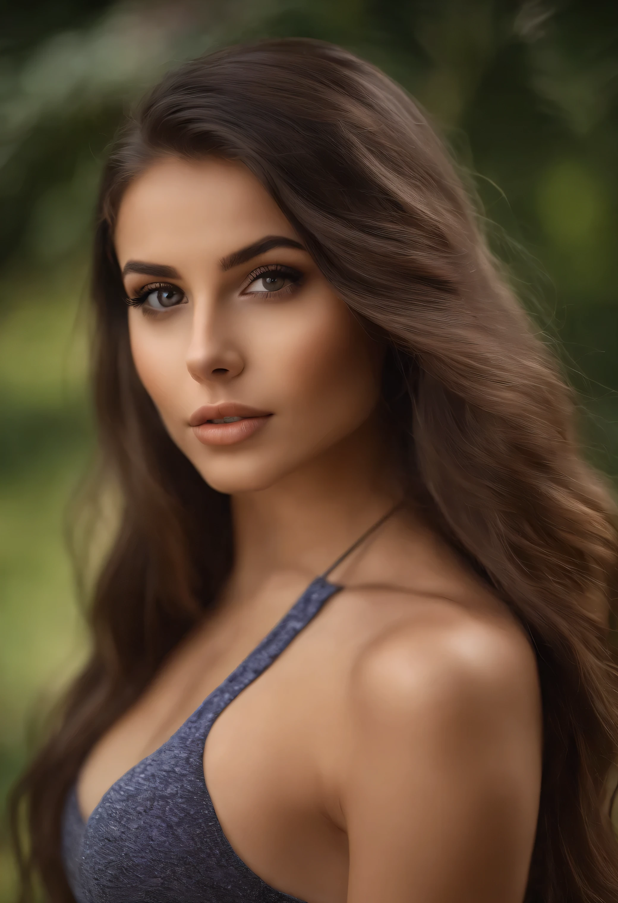 arafed woman in black yoga tights with a necklace, sexy girl with brown eyes, portrait sophie mudd, brown hair and large eyes, selfie of a young woman, bedroom eyes, violet myers, without makeup, natural makeup, shot taken from an side angle, not looking in the camera, face with artgram, subtle makeup, stunning full body shot, piercing brown eyes, beautiful angle slightly from the side, attractive pose, cute girl, sexy pose, full body picture, full body, full body shoot, brunette goddess, high detail, satisfied pose