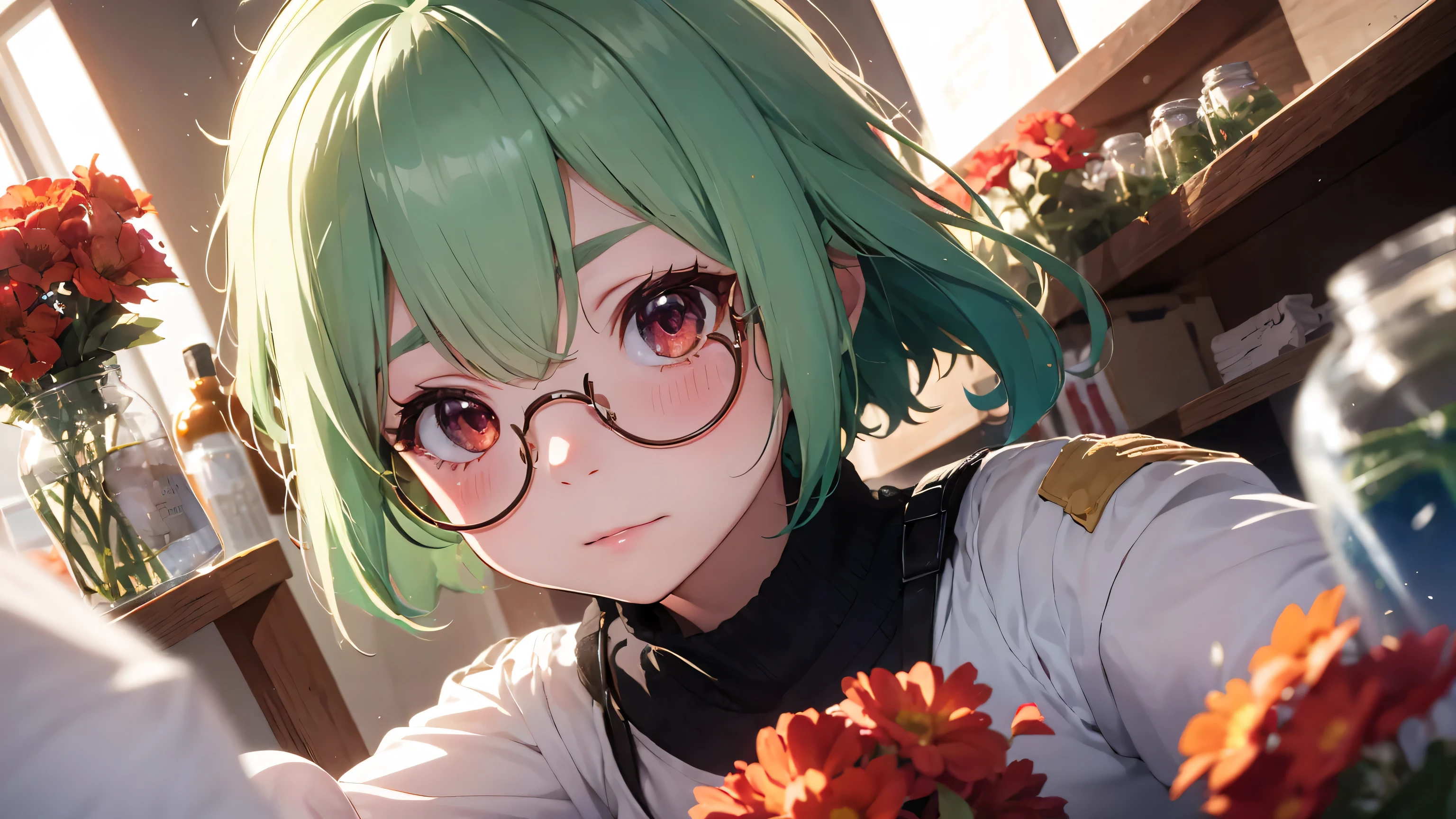 sucrose, cute girl, glasses, green hair, monstad city, flowers, red flowers, dramatic, laboratory, green vials, epruvetes, cute pose, nice lightning, cute face,