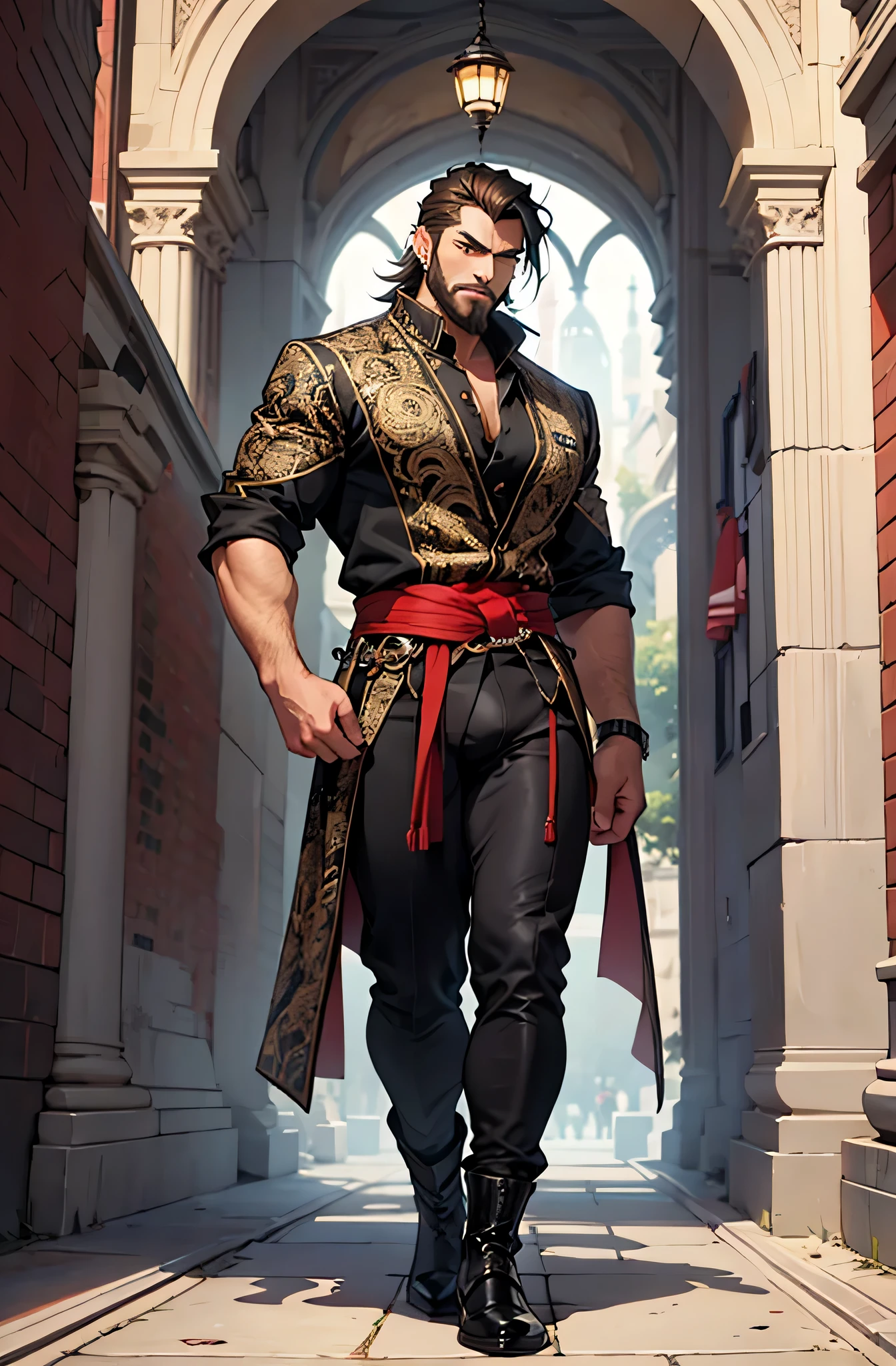Atlan is a tall and handsome man. Stands 7 feet 5 tall. He is athleticly made with beautiful long silky brown hair and blue eyes. he is always seen with a stern look on his face. He wears the finest royal costumes in silver and black。. his beard matches his hair. muscular man, bulge in pants, arrogant expression, earrings,whole body,