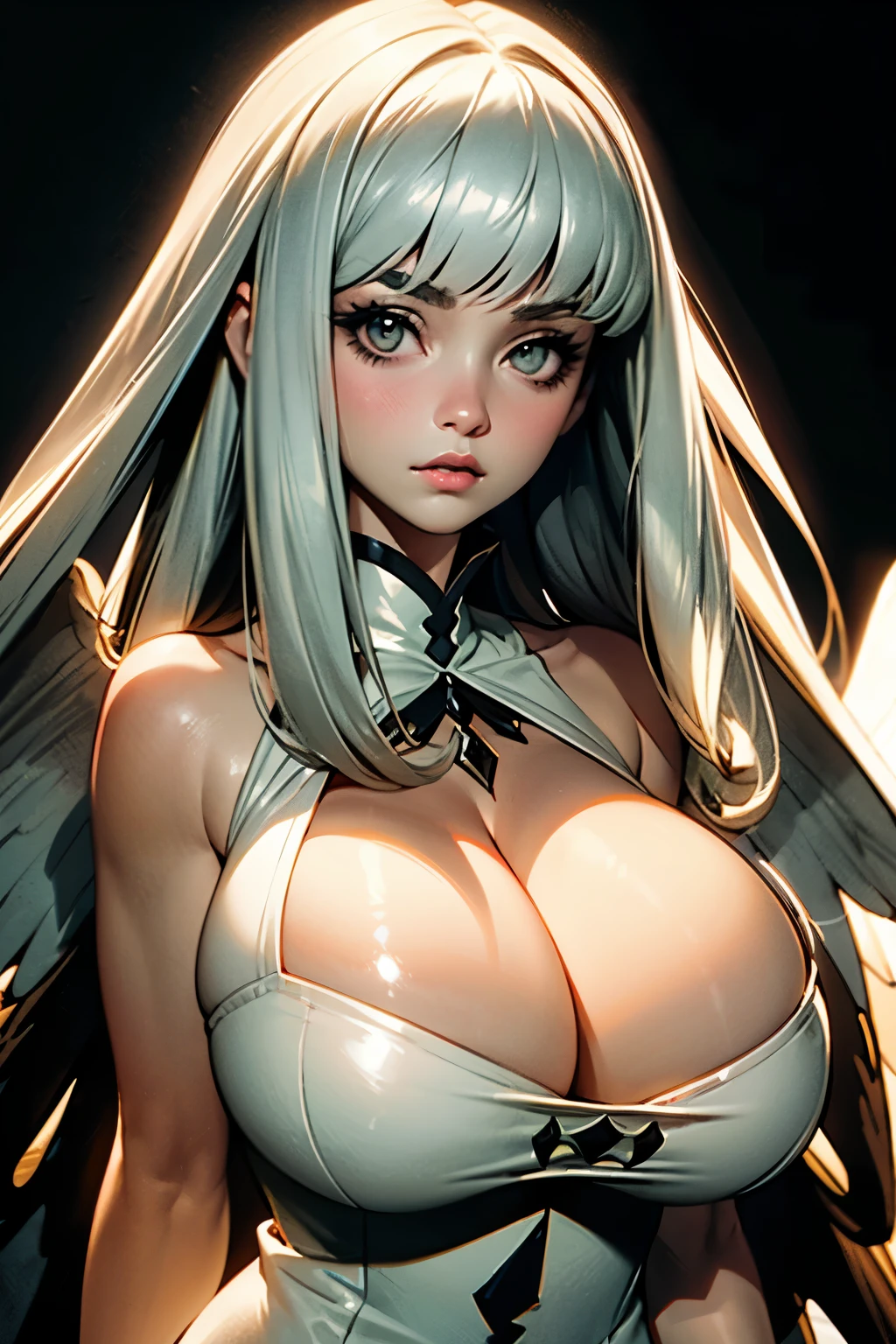 Generate an illustration of a mature Airy, Bravely Default,  de terno preto, long hair, hair bangs, hair flows straight down, gray hair, (gigantic breasts:1.4), white dress, outfit in anime format with a serious style,  masterpiece, ((dark lighting)), black background, puffy lips, slendered abs, beautiful face, fairy wings